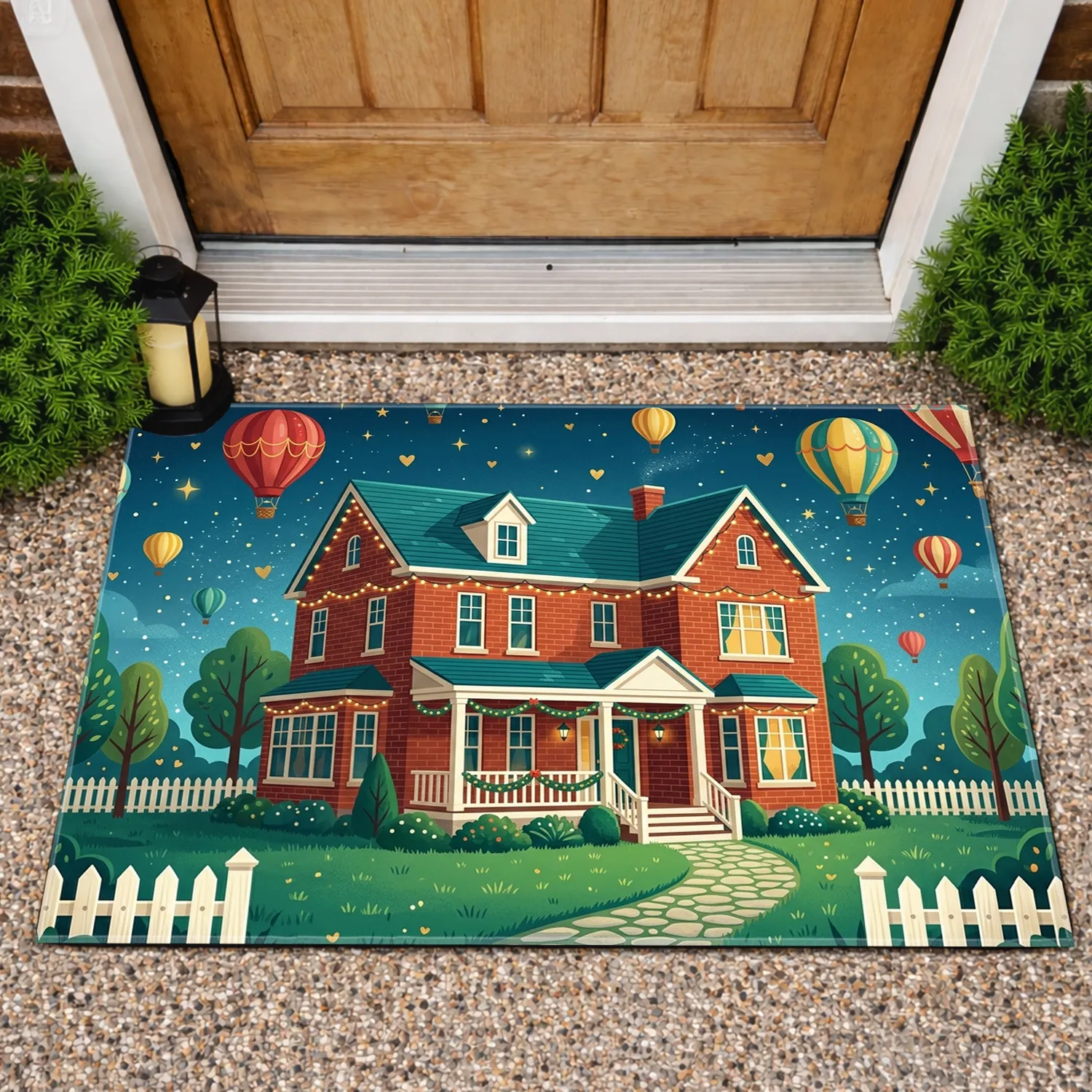 Grand Red Brick House Hot Air Balloons Magical Sky - Holiday Home Decor Gift Doormat - 1