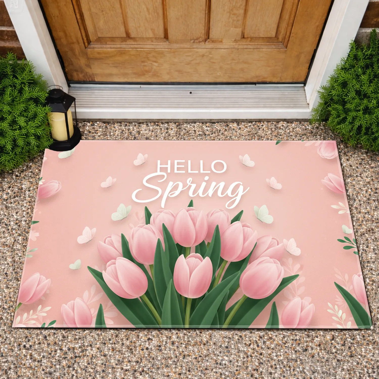 Hello Spring Lush Tulips Graceful Butterflies Bouquet - Spring Home Decor Gift Doormat - 1