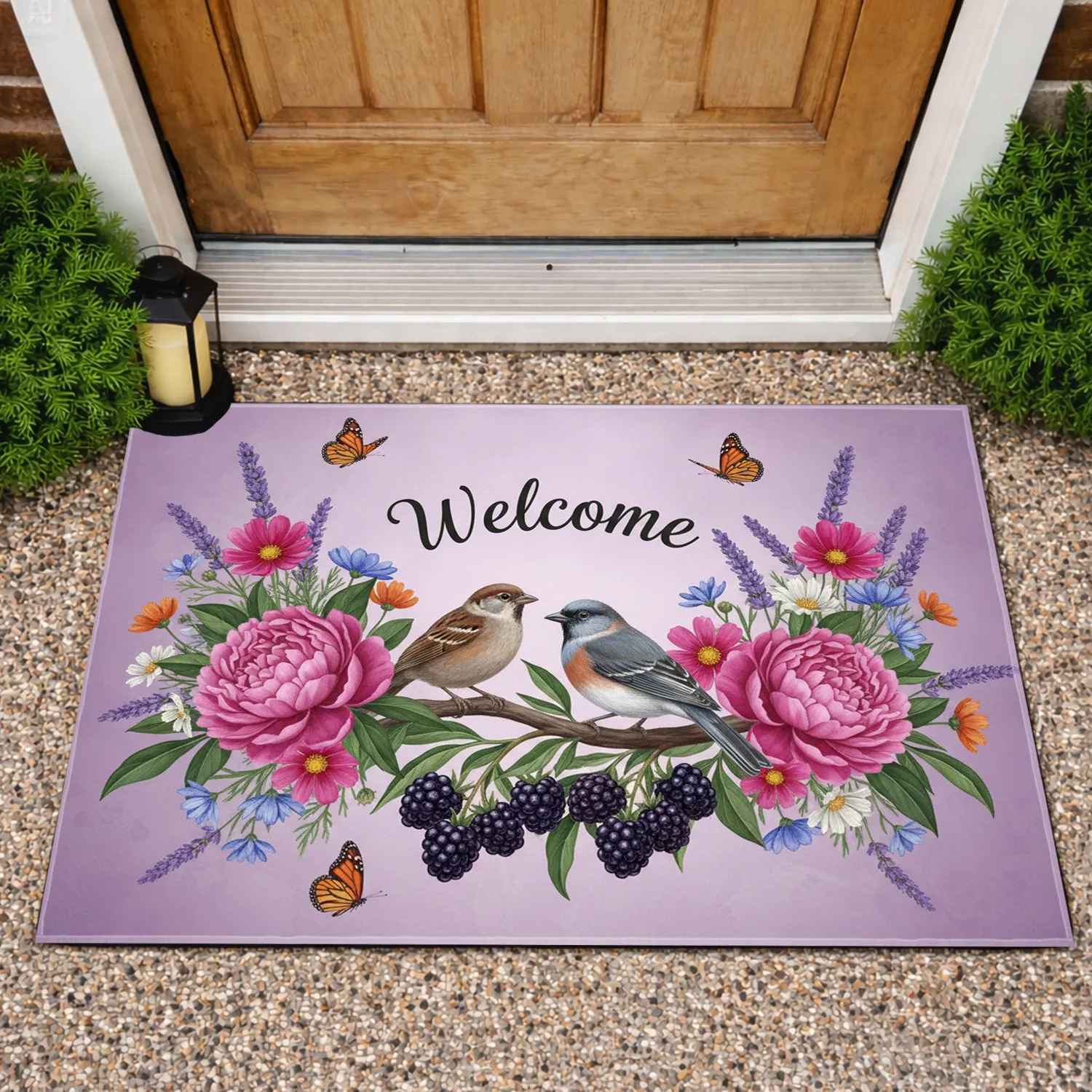 Welcome Songbird Blackberries Peony Butterfly Wildflower - Home Decor Gift Doormat - 1