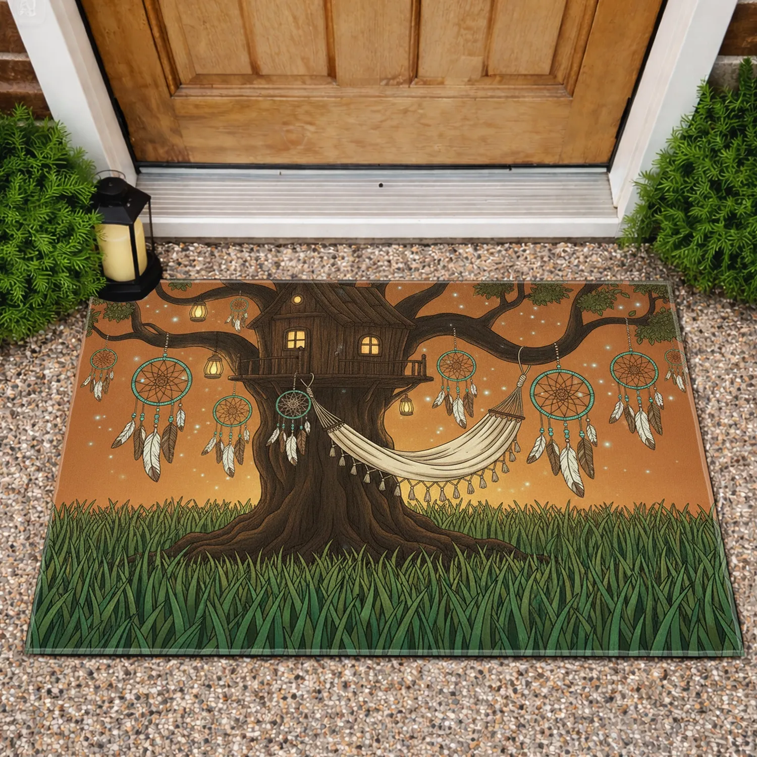 Burnt Orange Sky Treehouse Hammock Dreamcatcher Grass - Boho Home Decor Gift Doormat - 1