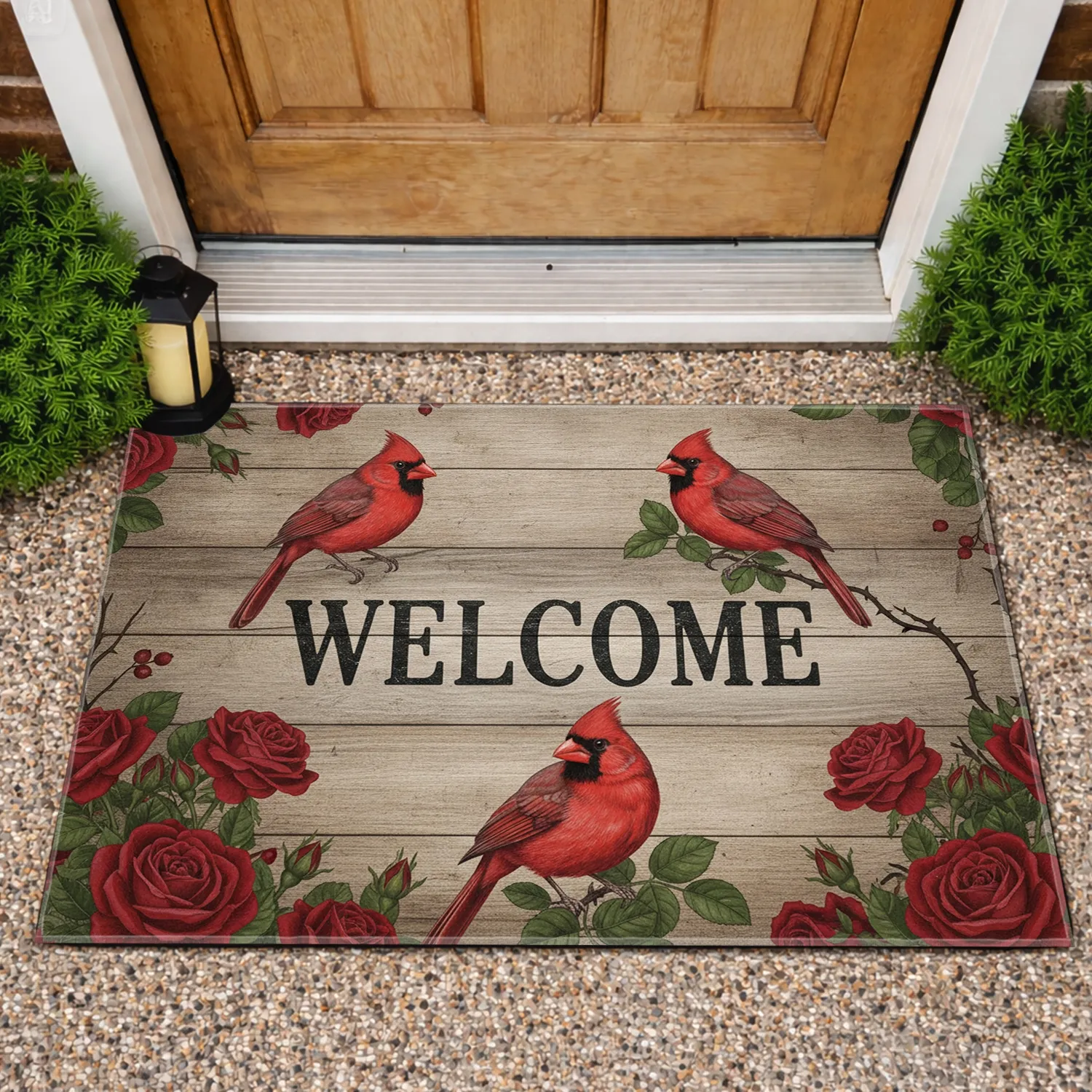 Red Cardinal Birds Welcome Sign Rose Floral Rustic Farmhouse Home Decor Gift Doormat - 1