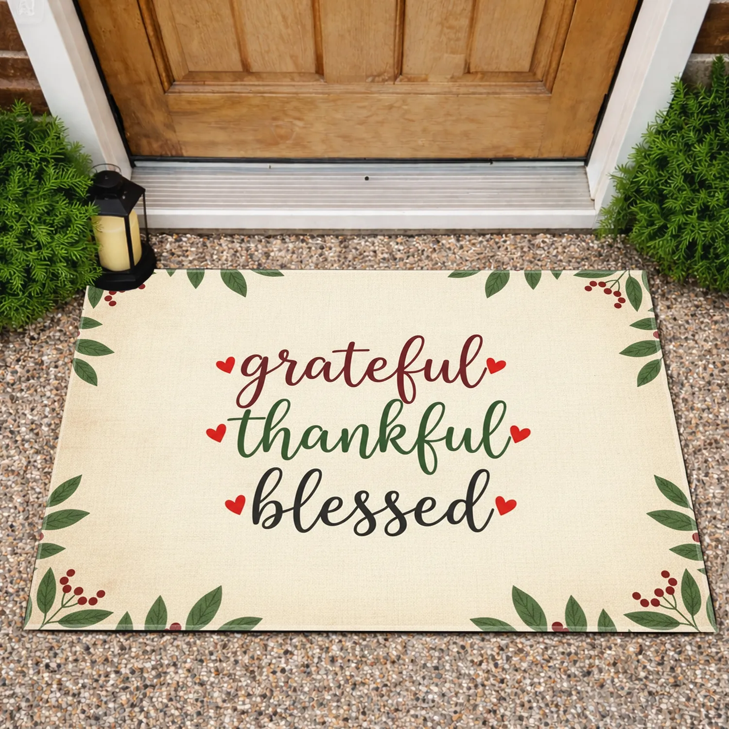 Grateful Thankful Blessed Botanical Sprigs - Farmhouse Home Decor Gift Doormat - 1