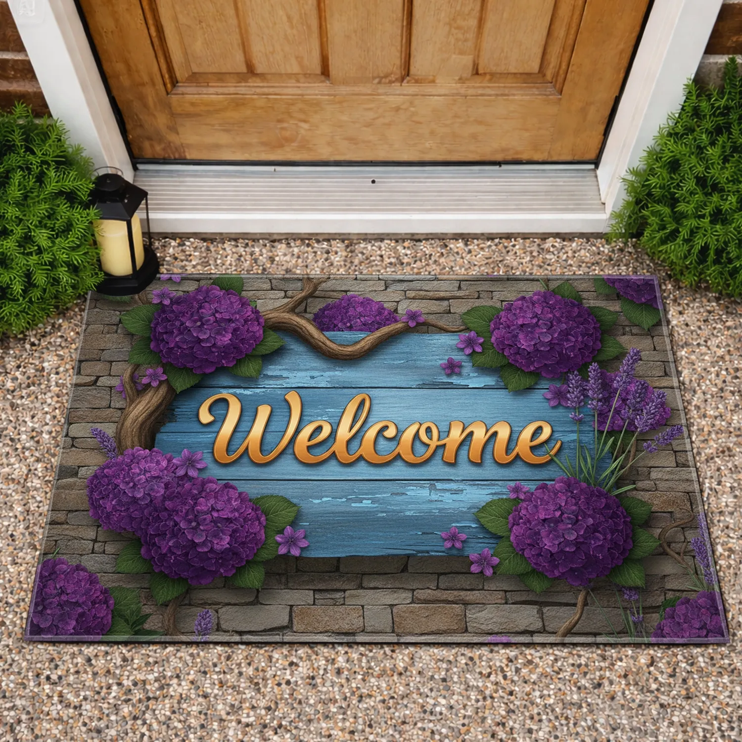 Welcome Sign Hydrangea Lavender - Home Decor Gift for Garden Lover Doormat - 1