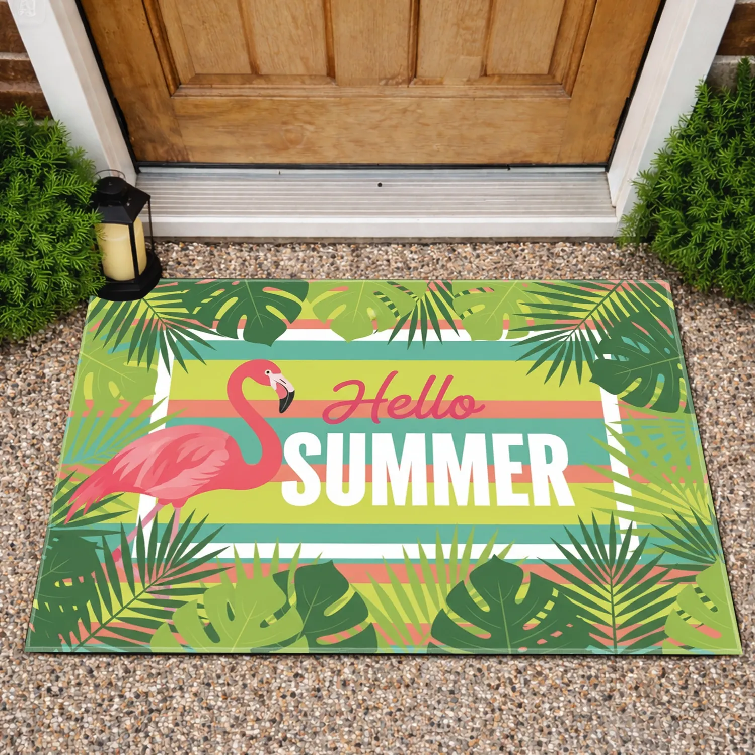 Pink Flamingo Hello SUMMER Monstera Palm Stripes - Summer Home Decor Gift Doormat - 1