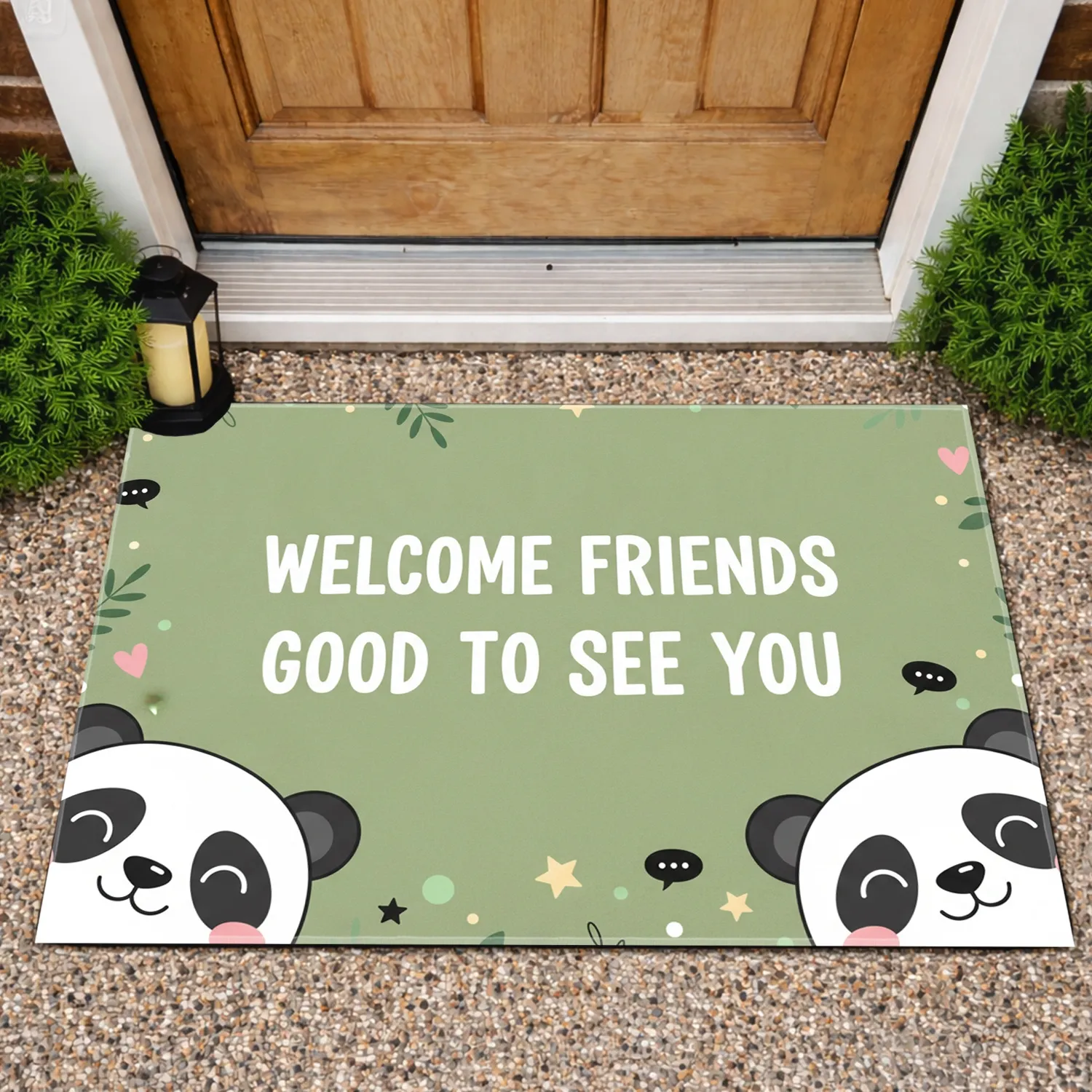 Panda Faces Welcome Friends Greeting Stars Hearts Polka Dots Home Decor Gift for Friends Doormat - 1