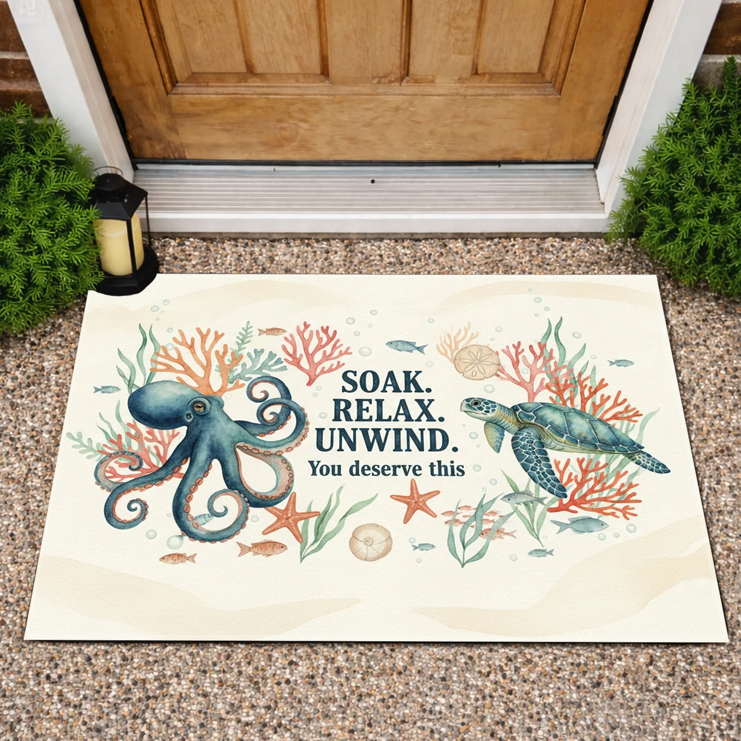 SOAK RELAX UNWIND Octopus Sea Turtle Coral - Spa Bathroom Decor Gift Doormat - 1