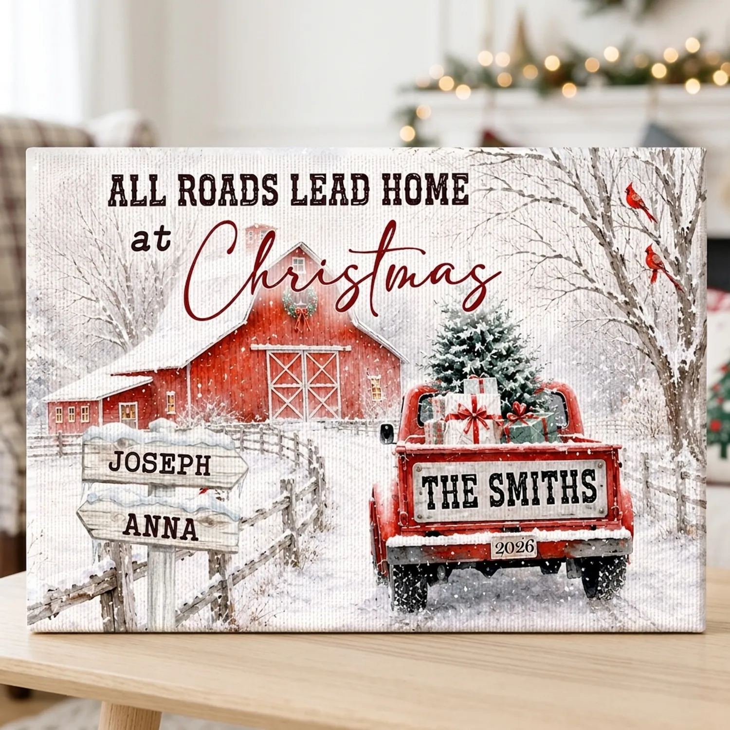 Custom Christmas Family Canvas Print, Personalized Family Name Red Truck Wall Art, All Roads Lead Home At Christmas Canvas - 1