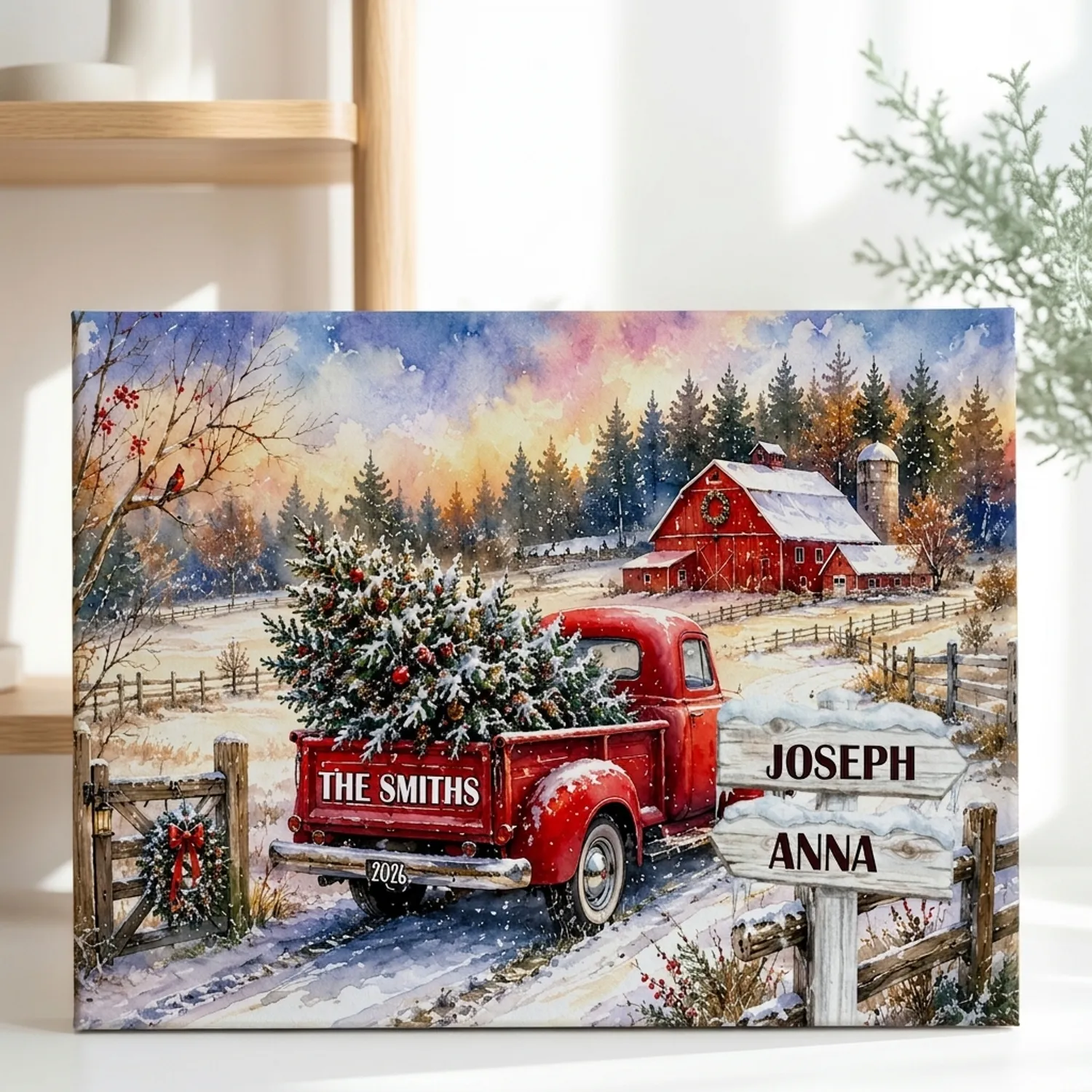 Custom Christmas Family Canvas Print, Personalized Family Name Red Truck Wall Art Gift - 1