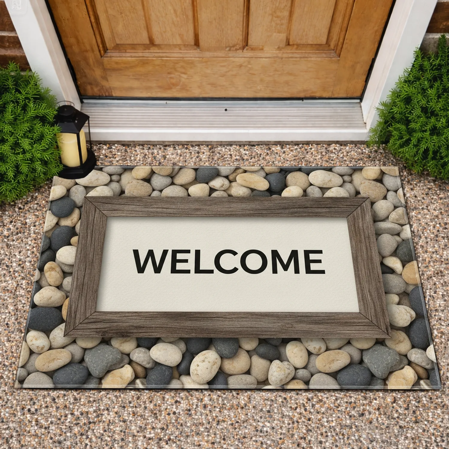WELCOME Stone Wood Frame - Entryway Home Decor Gift Doormat - 1
