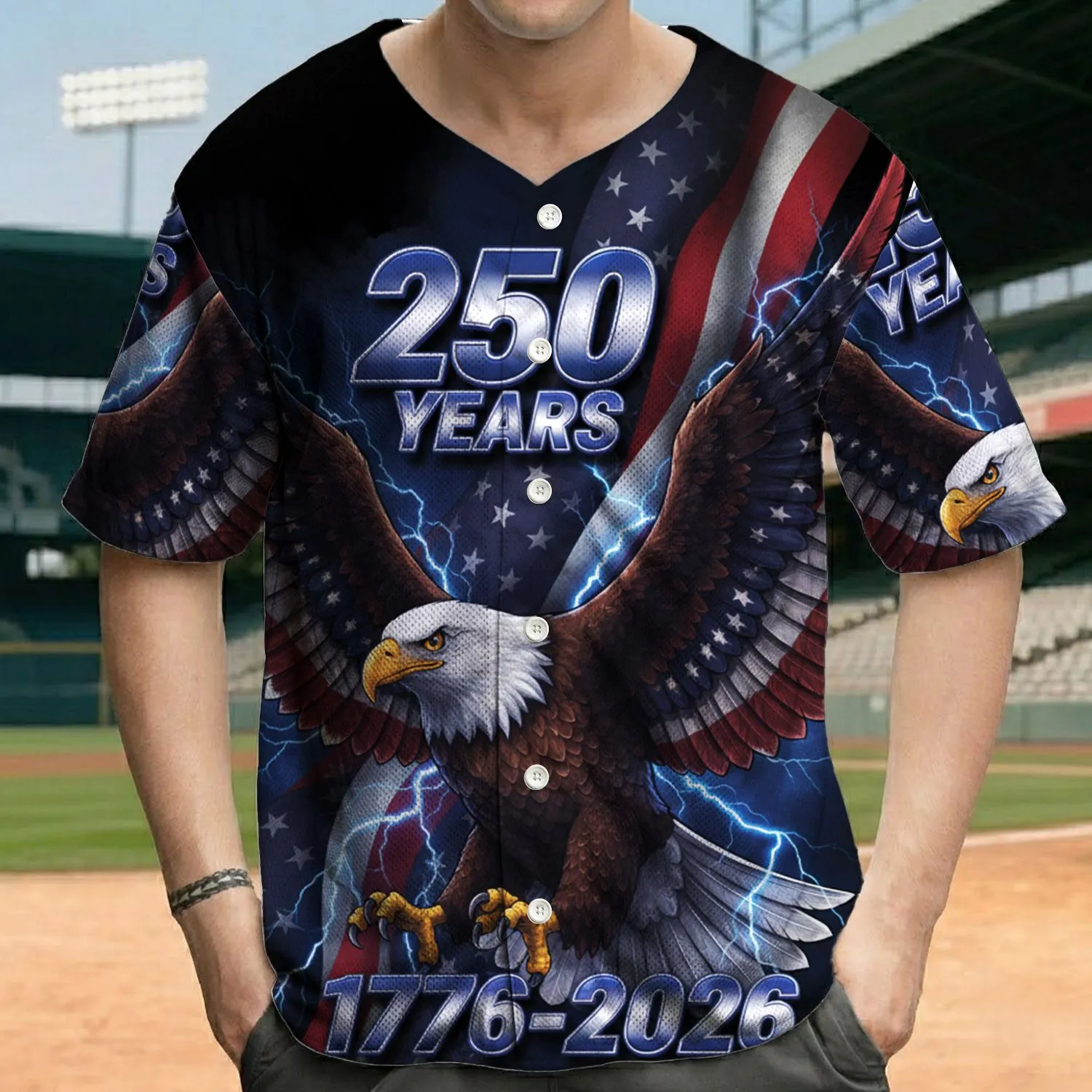 Bald Eagle American Flag Lightning - 250th Anniversary Gift for Veterans Baseball Jersey - 1