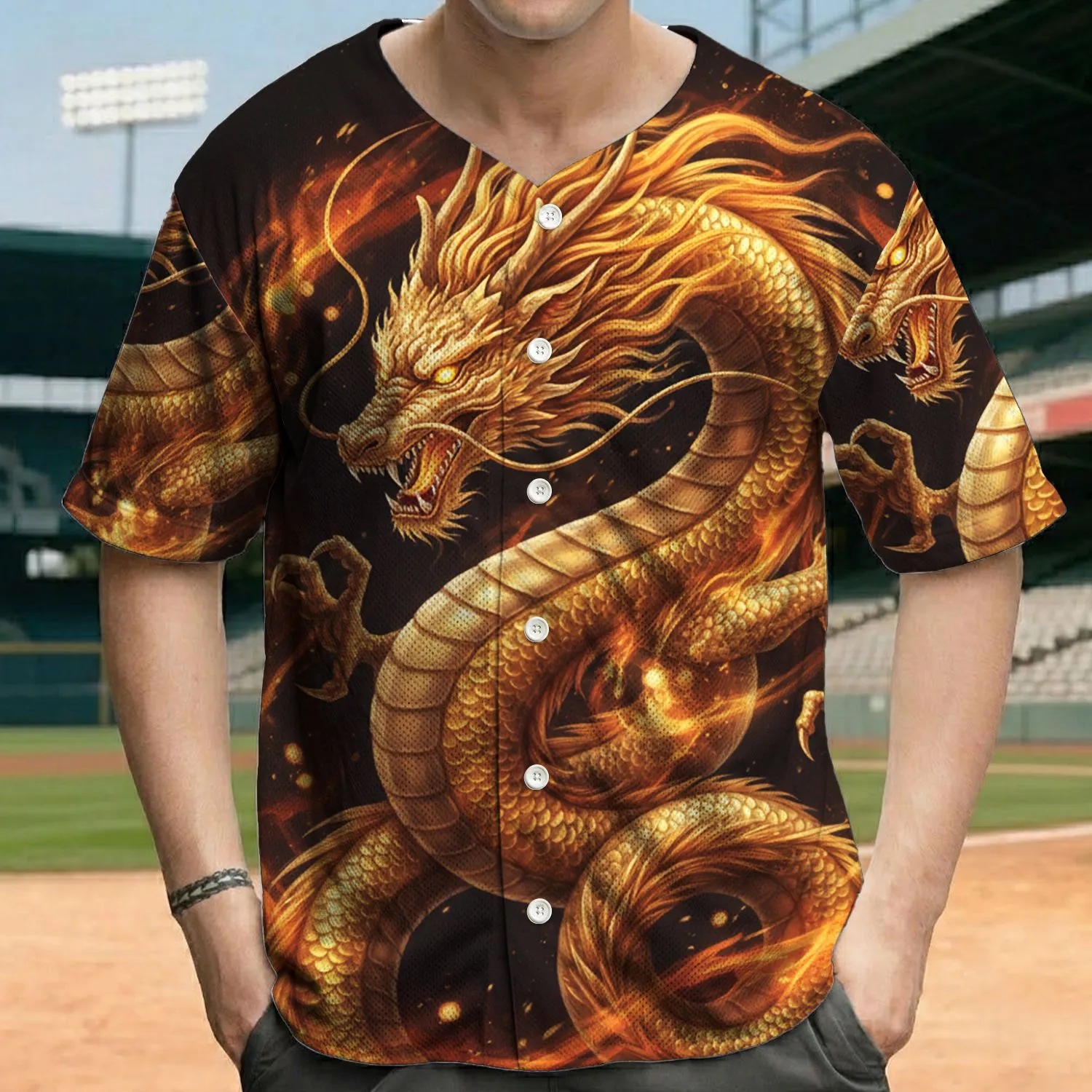 Majestic Golden Eastern Dragon Glowing Fiery Flames - Mythology Fan Gift Baseball Jersey - 1