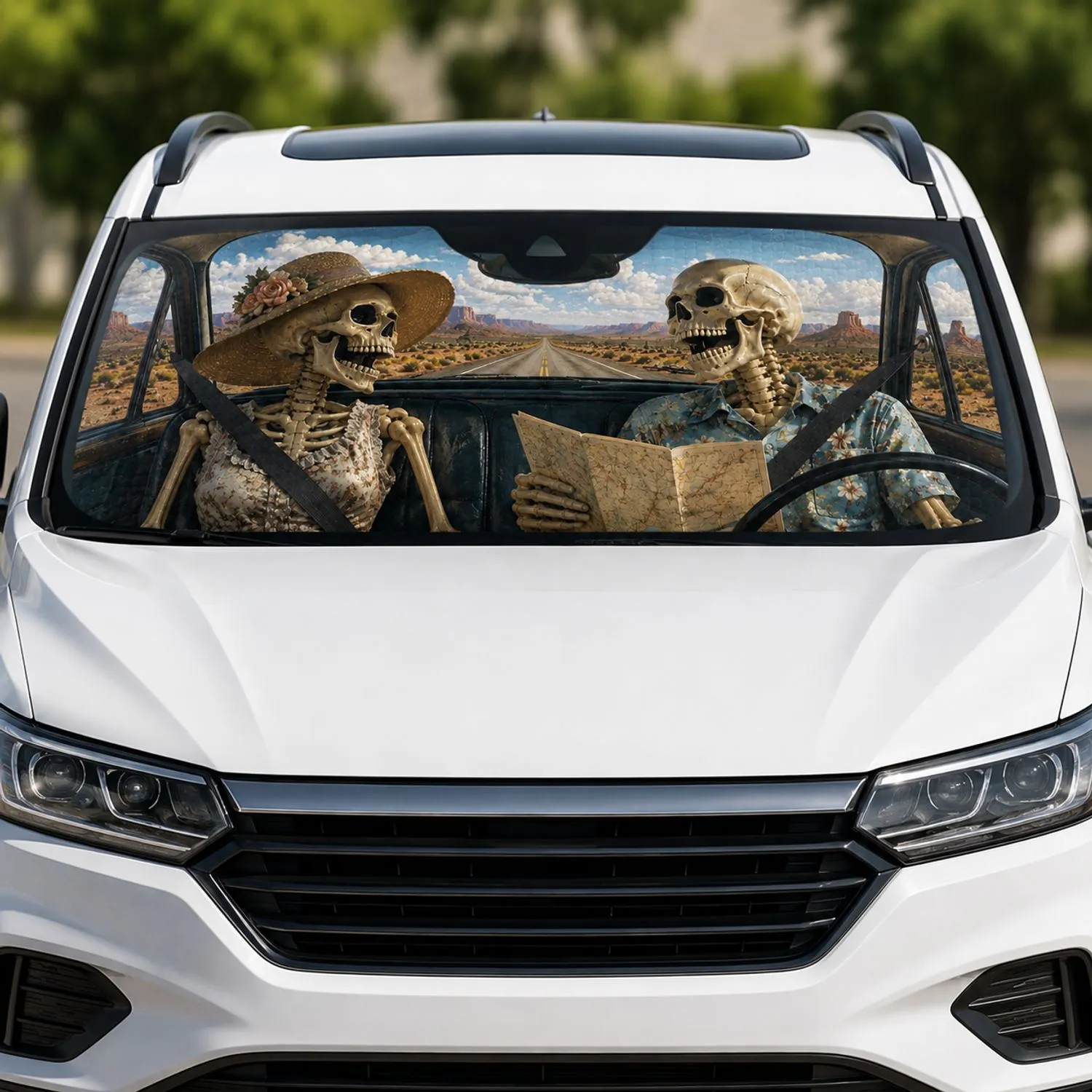 Funny Skull Couples SUV Truck Window - Road Trip Travel Essentials Commute Accessory Car Sunshade - 1