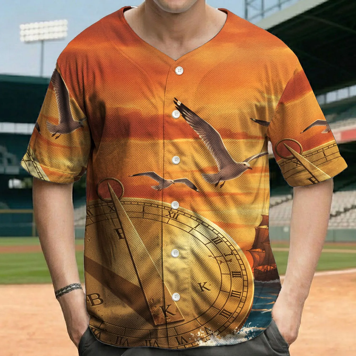 Antique Brass Sundial Sailing Ship Seagulls Ocean Sunset Sky - Outdoor Adventure Gift Baseball Jersey - 1