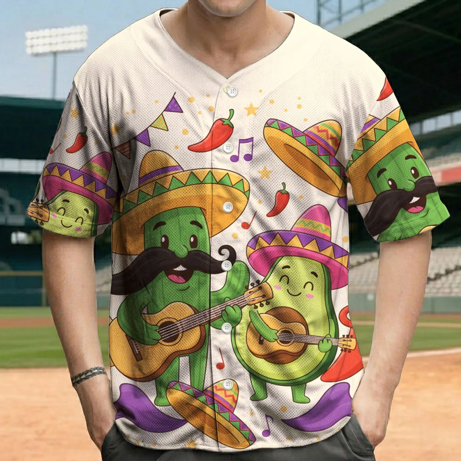 Green Cactus Avocado Red Chili Sombrero Guitar Maraca - Fiesta Celebration Gift Baseball Jersey - 1