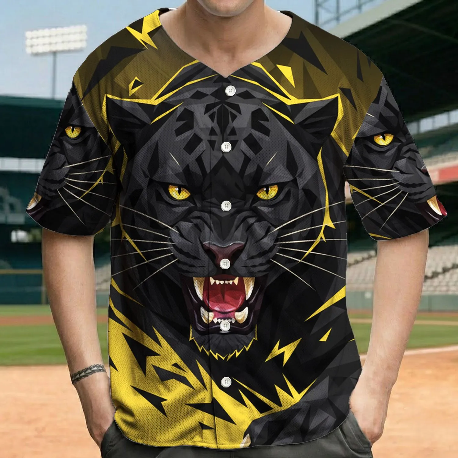 Snarling Black Big Cat Head Fangs Yellow Eyes Claw Paw Yellow Lightning - Wildlife Lover Gift Baseball Jersey - 1