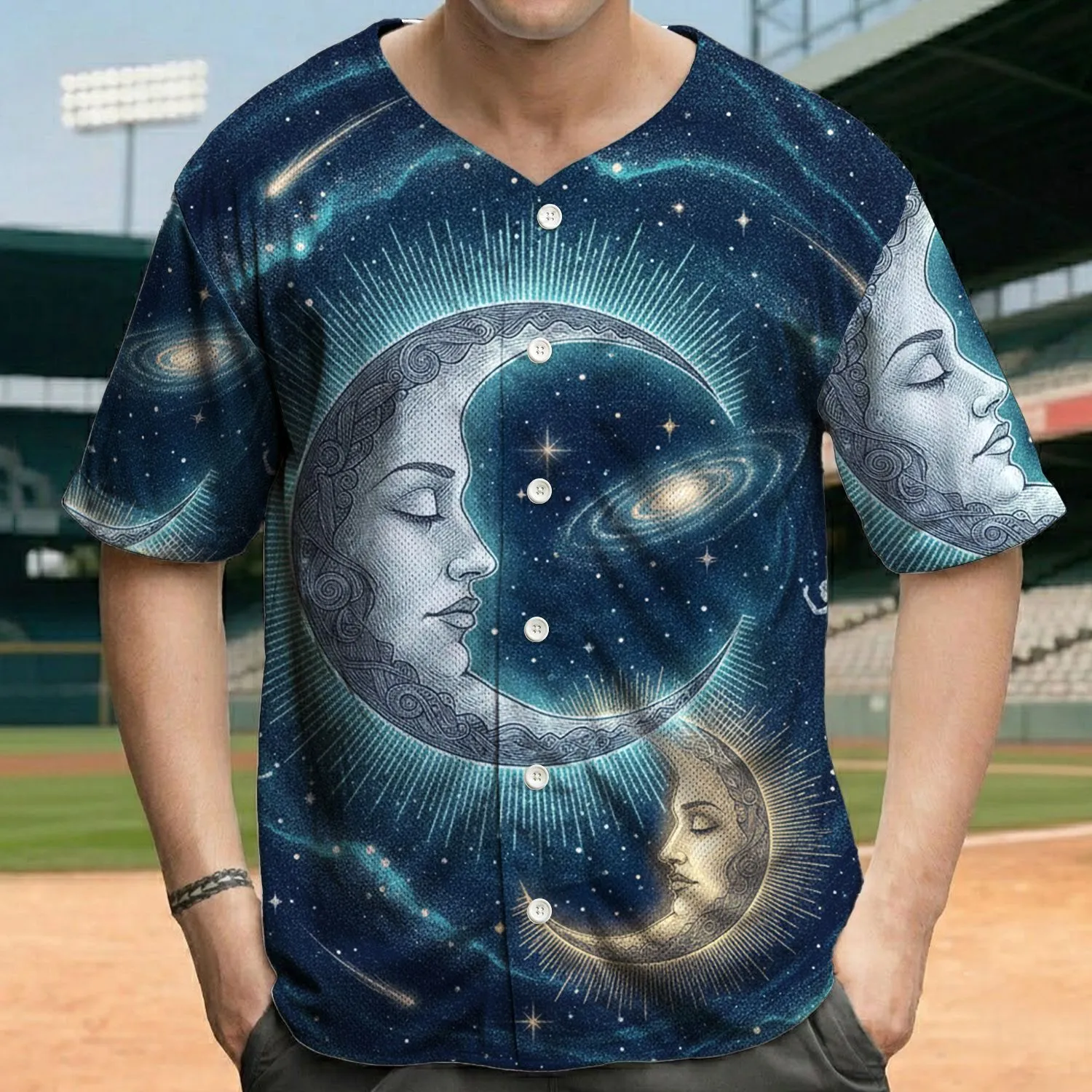 Crescent Moon Faces Night Sky - Space Lover Gift Baseball Jersey - 1