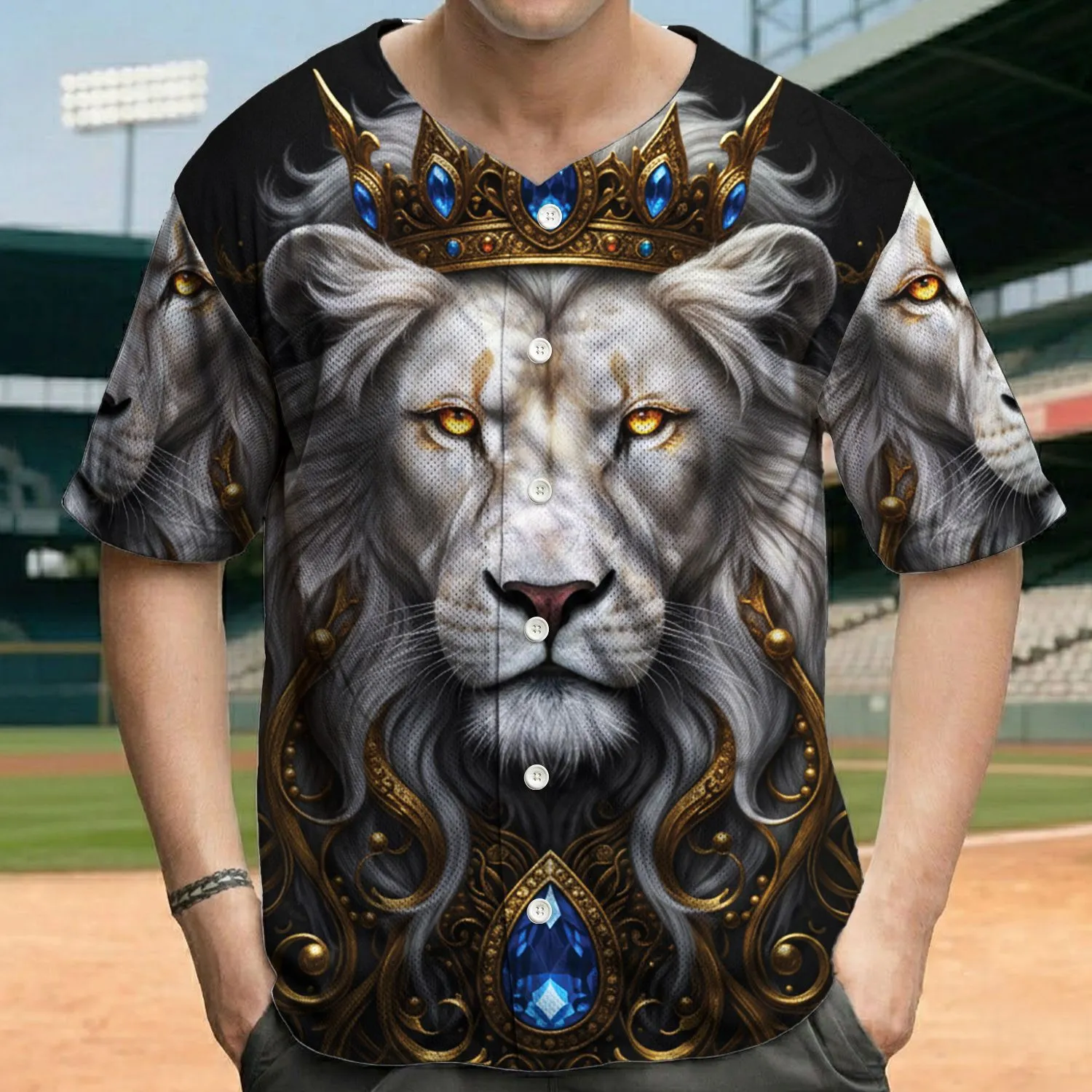 White Lion Head Ornate Crown Sapphire Pendant - Wildlife Lover Gift for Animal Enthusiast Baseball Jersey - 1