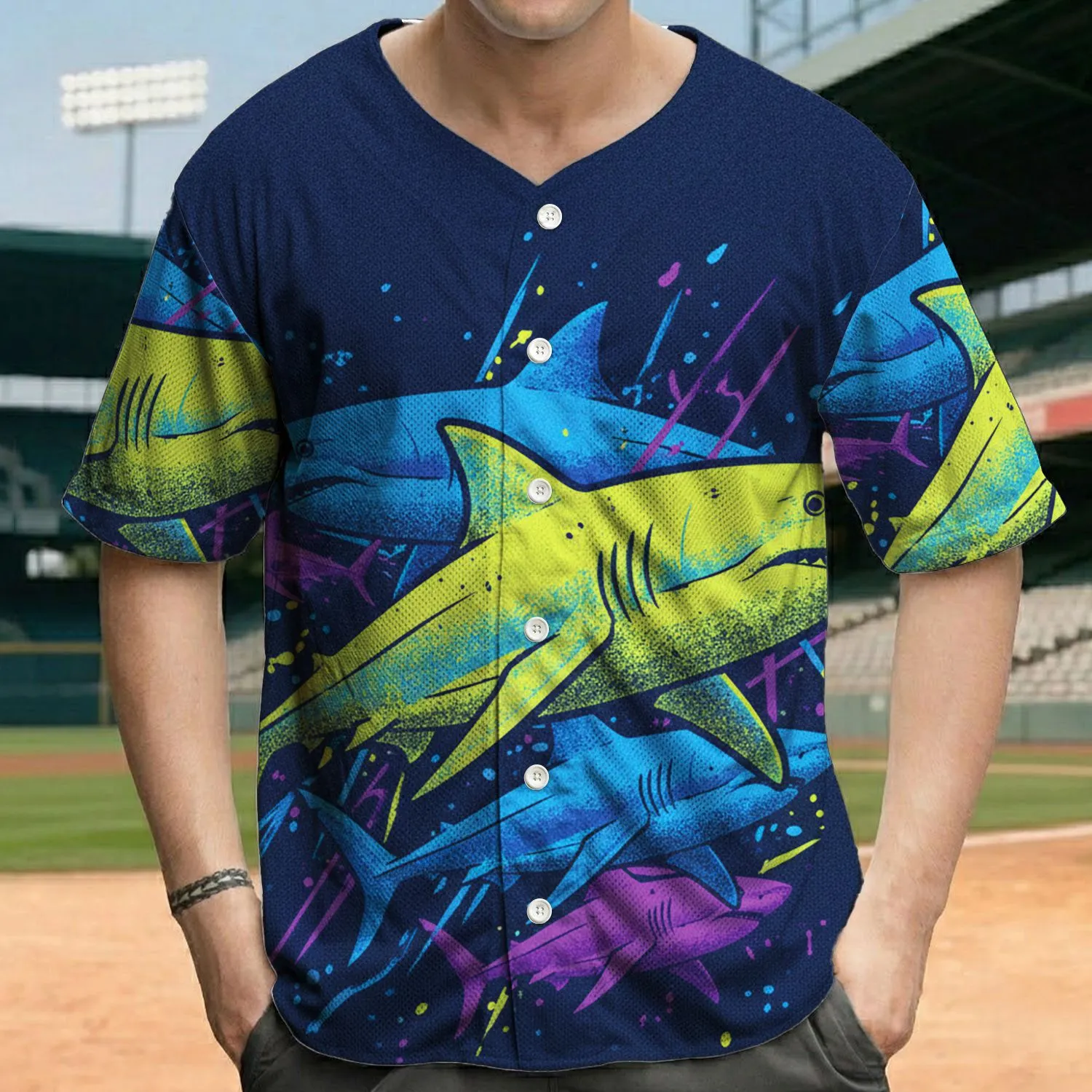 Prominent Sharks Group Lines Paint Splatters Ocean Life Gift for Marine Fans Baseball Jersey - 1