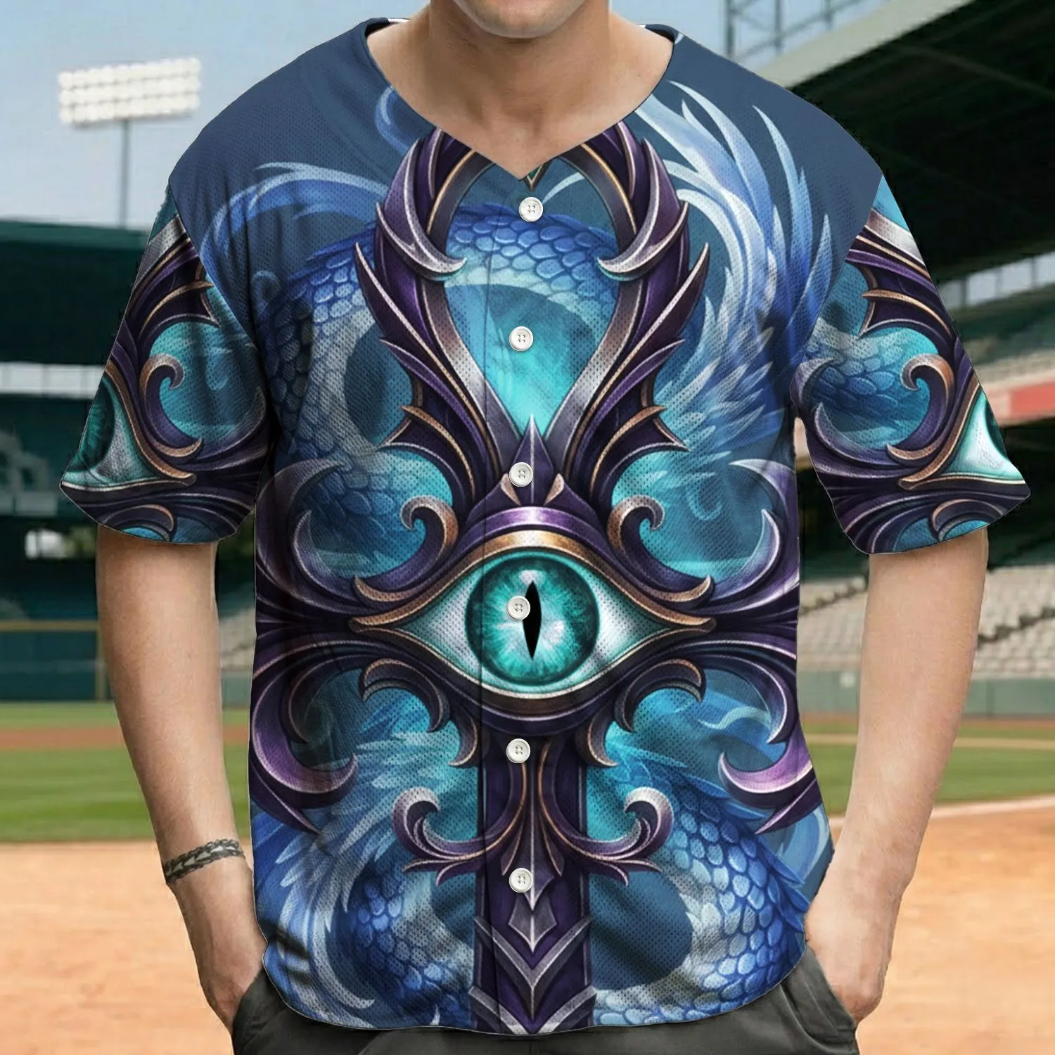 Mystical Eye Ankh Dragon Scales Emerald Gemstone - Fantasy Lover Gift Baseball Jersey - 1