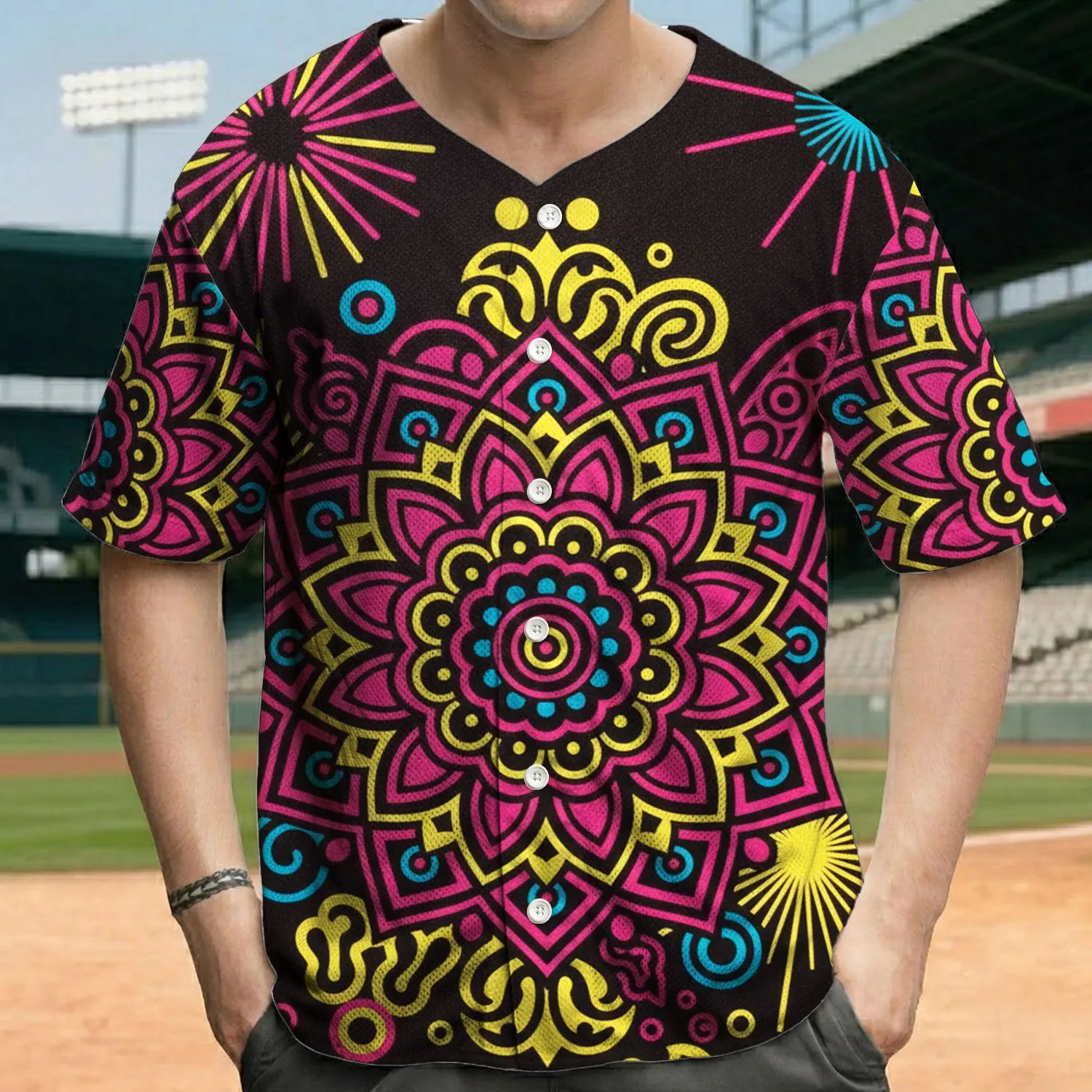 Multi-layered Petal Concentric Circle Mandala Floral Psychedelic Paisley Starburst - Boho Lifestyle Baseball Jersey - 1