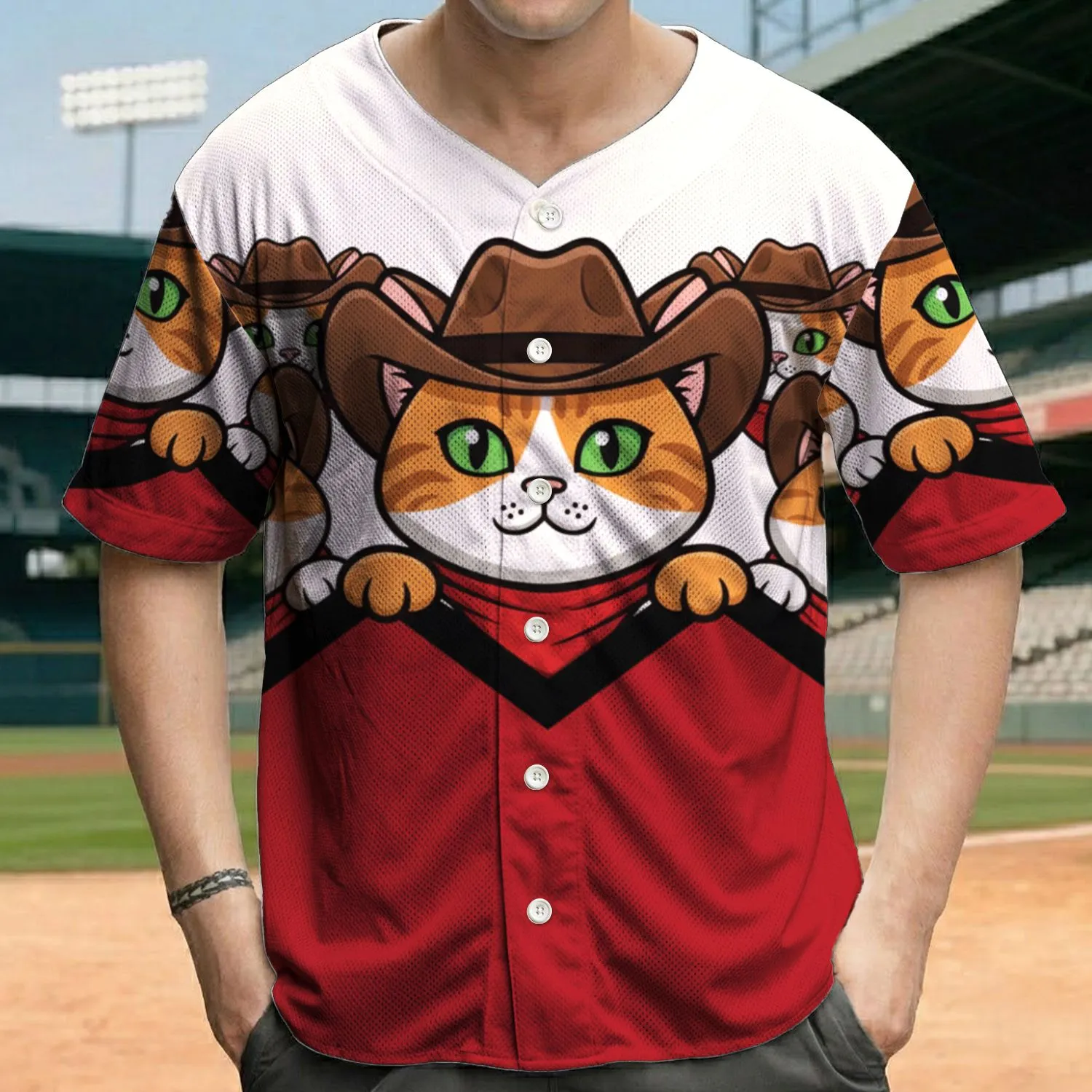 Western Cartoon Cats Peeking Cowboy Hats Red Bandanas Zigzag Line - Cat Lover Everyday Baseball Jersey - 1