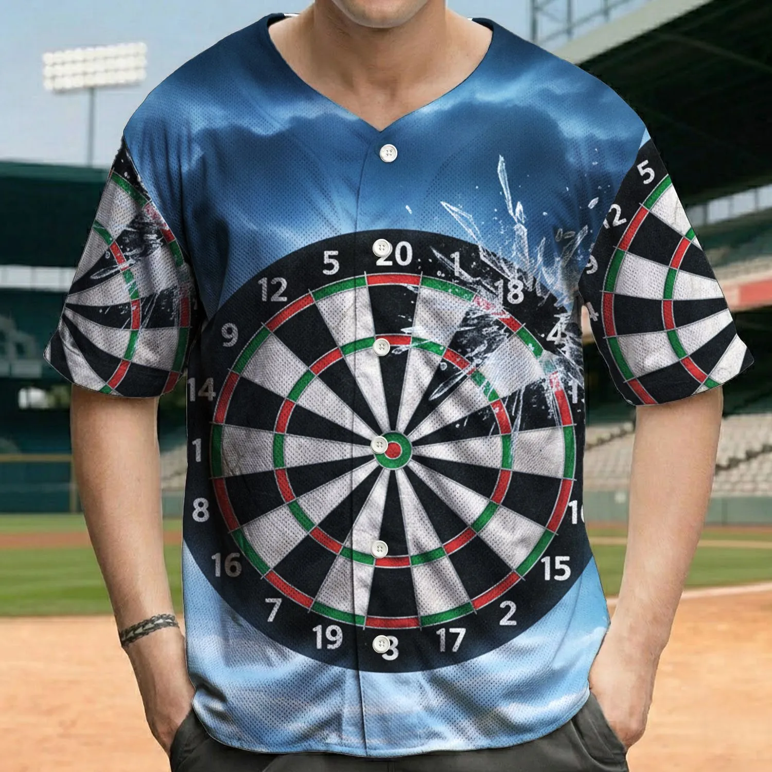 Dartboard Shattered Ice Stormy Skies Misty Clouds Frost - Darts Player Game Room Gift for Fans Baseball Jersey - 1