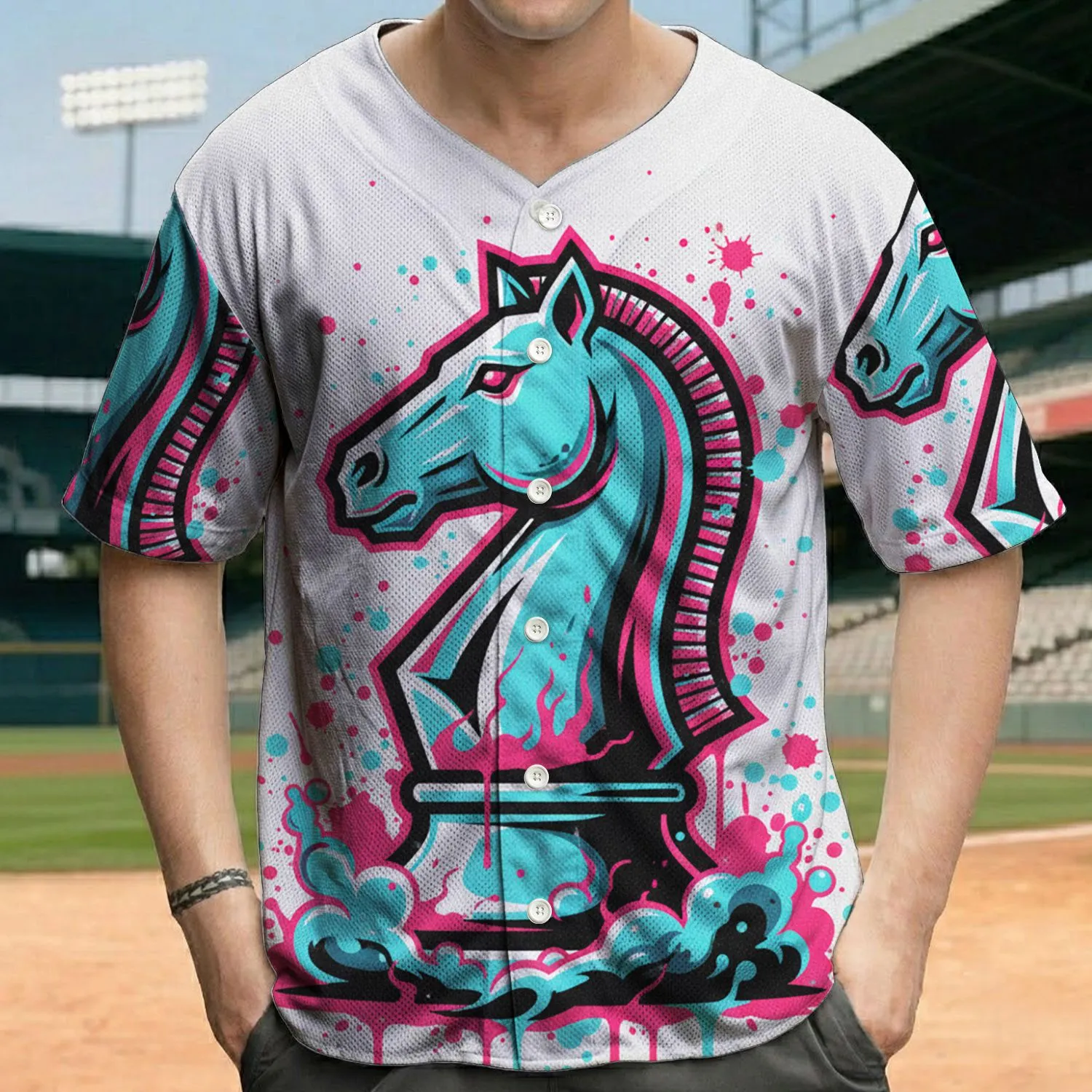 Chess Knight Swirling Paint Splatter - Street Art Lover Gift for Chess Player Baseball Jersey - 1