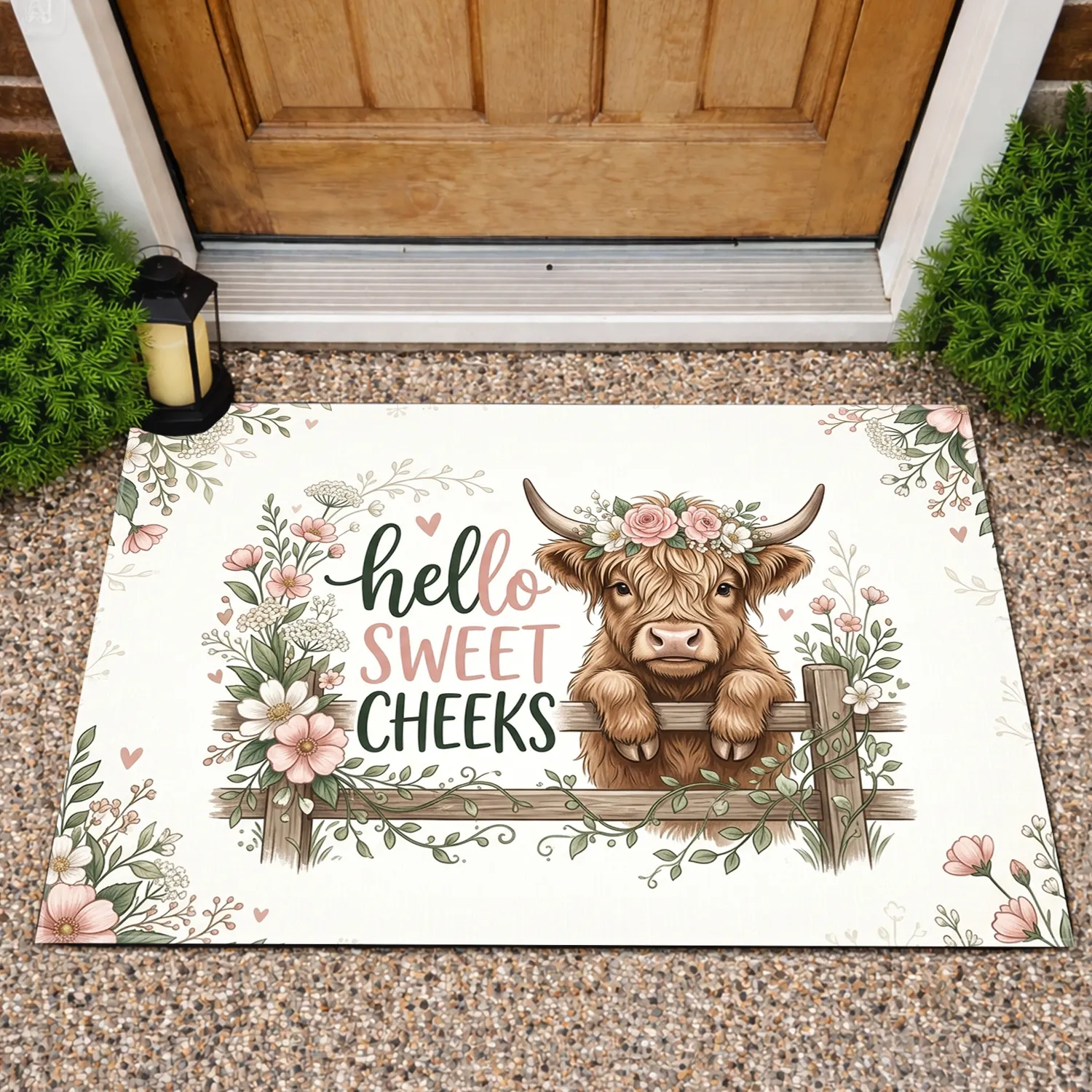 Highland Cow Floral Wreath Wooden Fence - Home Decor Gift for Cow Lover Doormat - 1