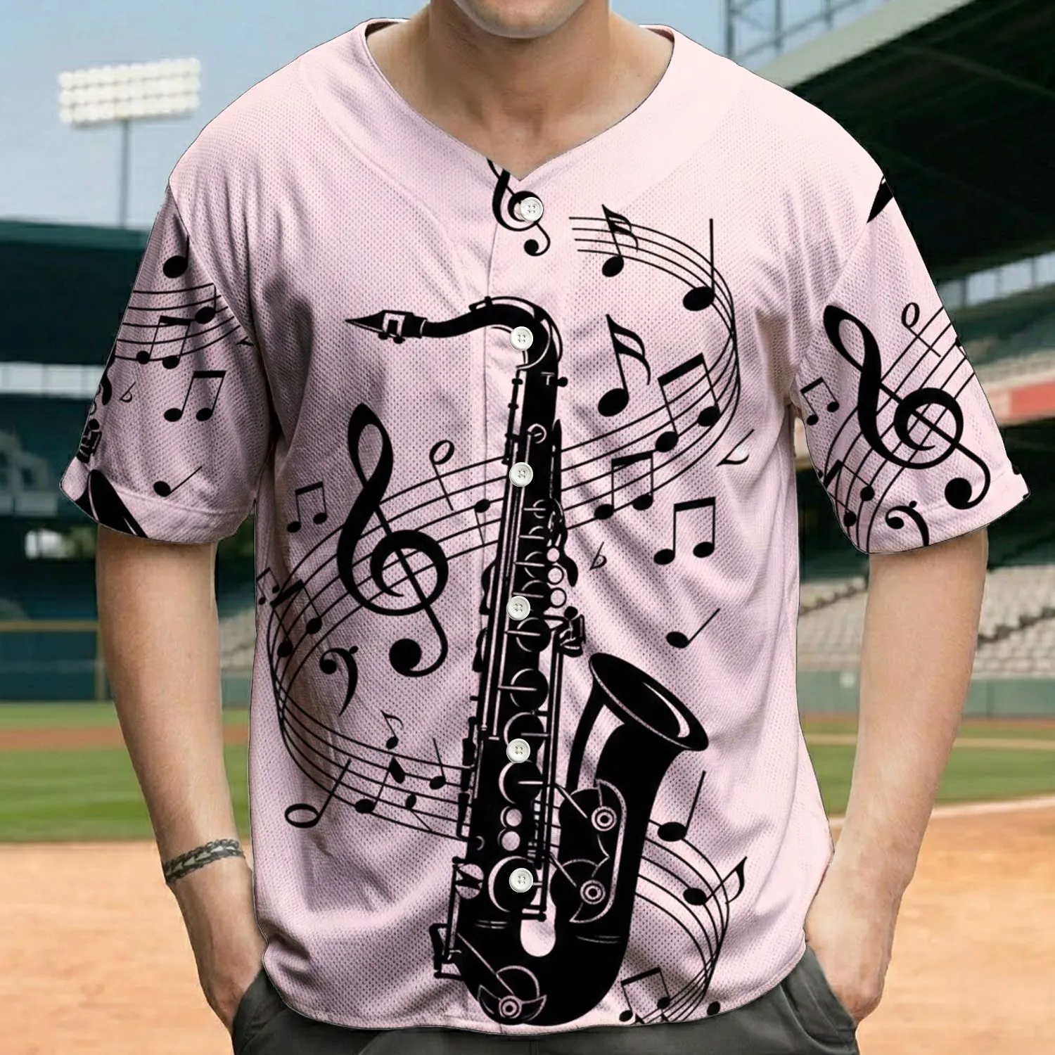 Black Silhouette Saxophone Musical Staff Notes Treble Clef - Music Lover Gift Baseball Jersey - 1