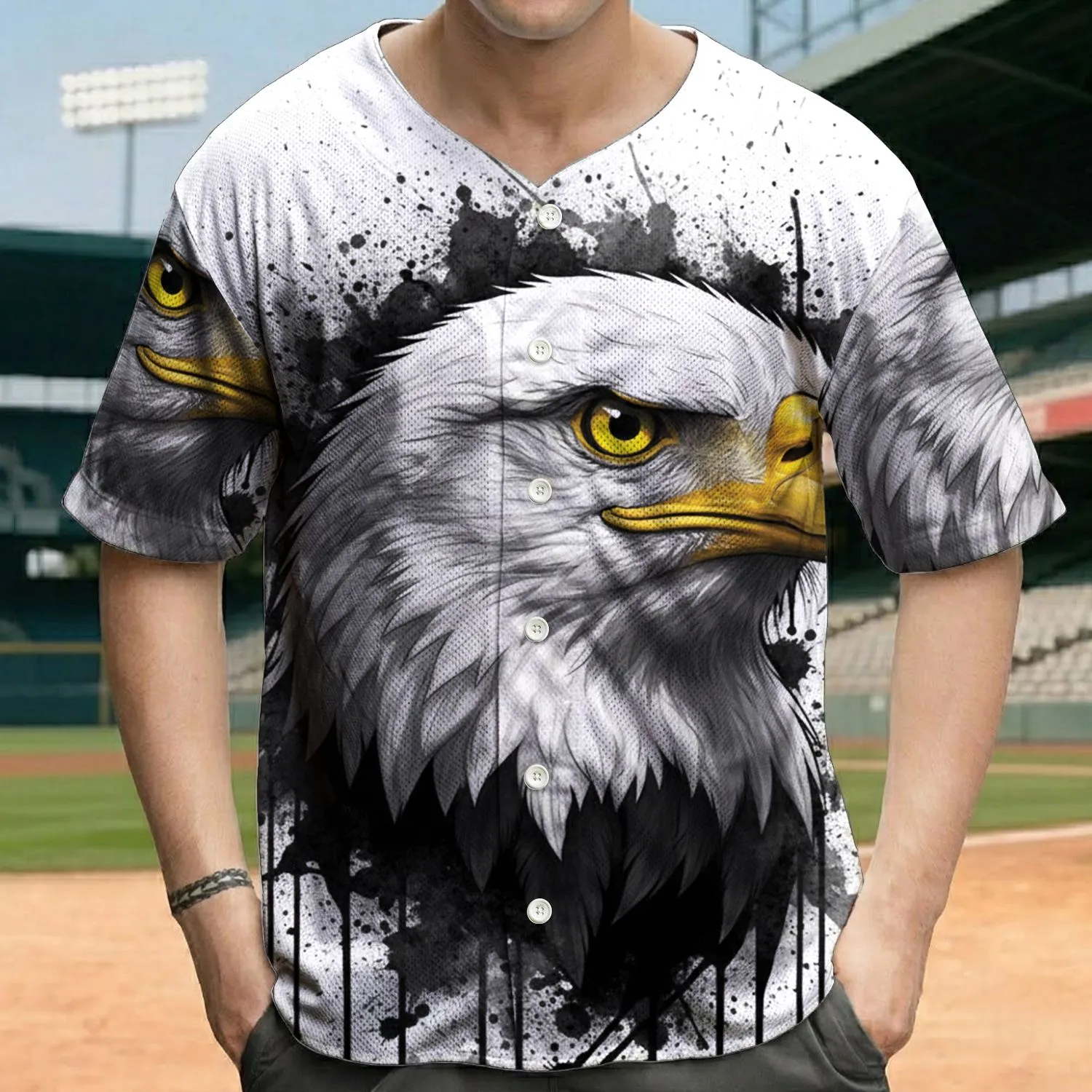 Men's Baseball Jersey, Stylized Eagle Head Design, Mixed Color, Multiple Specifications Available, Dynamic Ink-Splatter Art, Sport-Ready Apparel for Athletic Scenes - 1