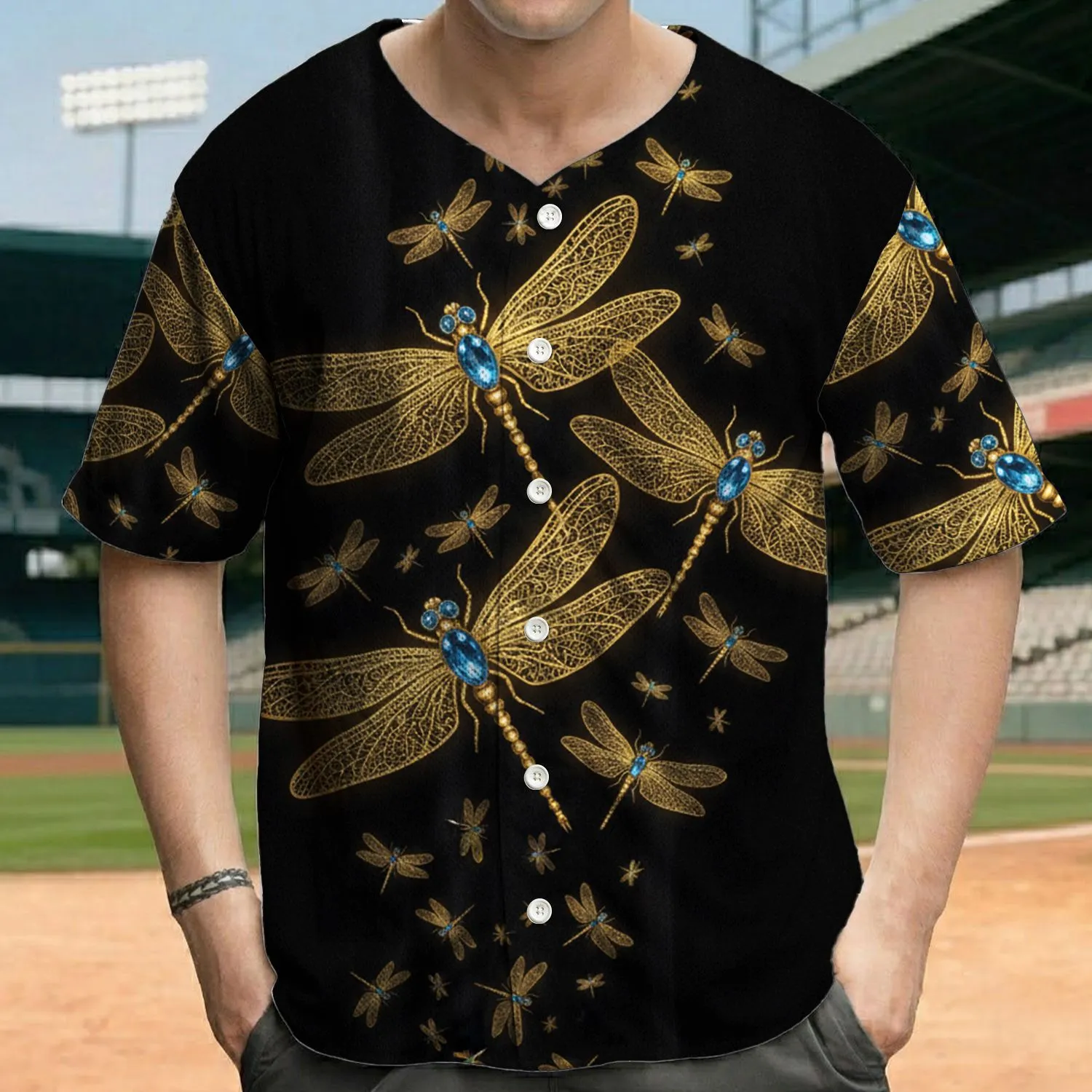 Three Golden Dragonflies Azure Gemstones Flying - Wildlife Lover Everyday Gift Baseball Jersey - 1