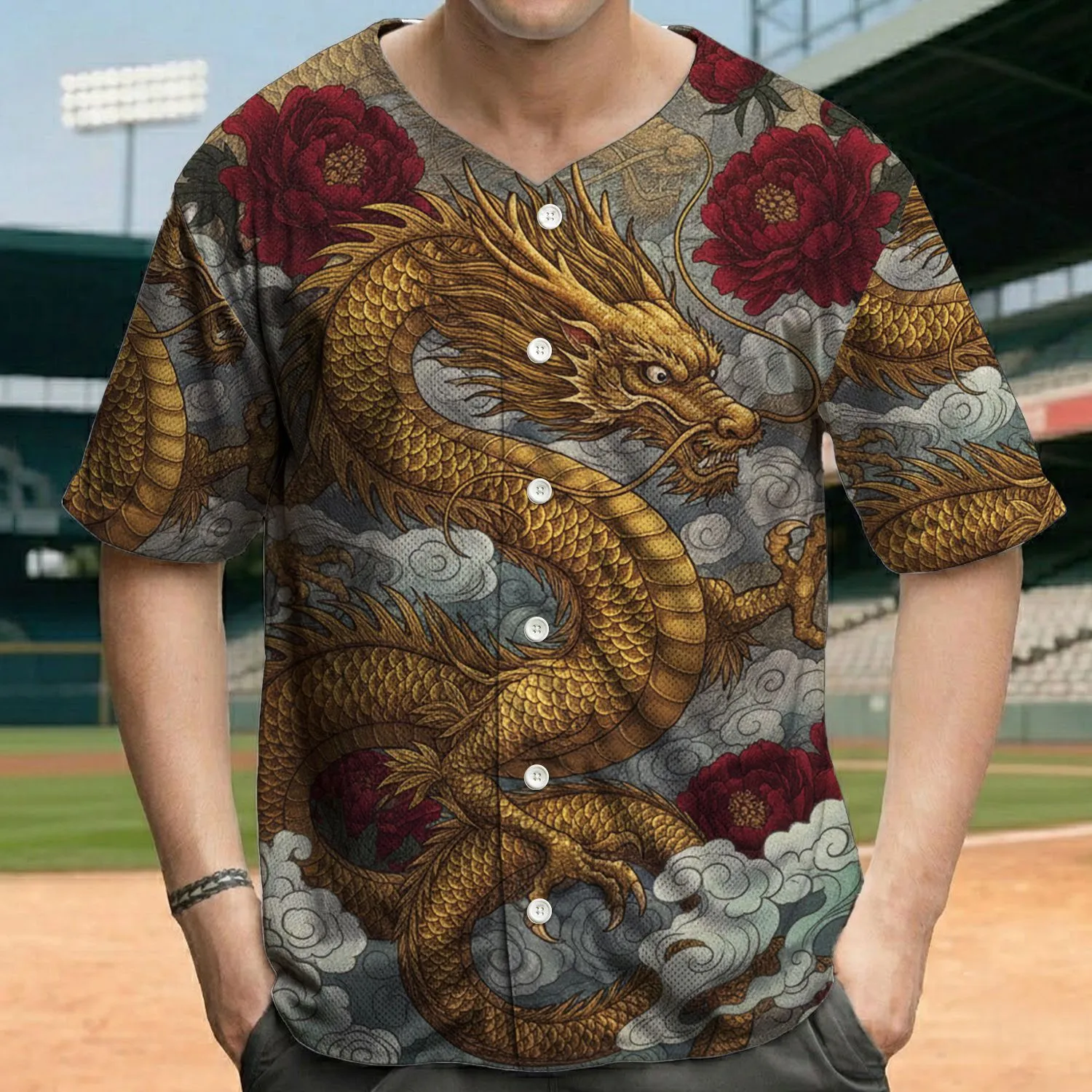 Golden Chinese Dragon Asian Floral - Mythical Creature Gift for Dragon Lover Baseball Jersey - 1