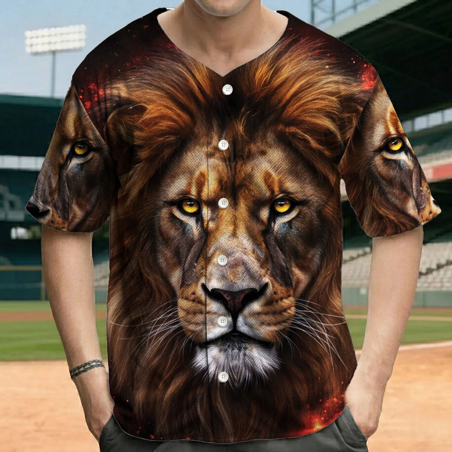 Realistic Lion Head Fiery Splatters - Wildlife Lover Gift for Safari Enthusiast Baseball Jersey - 1