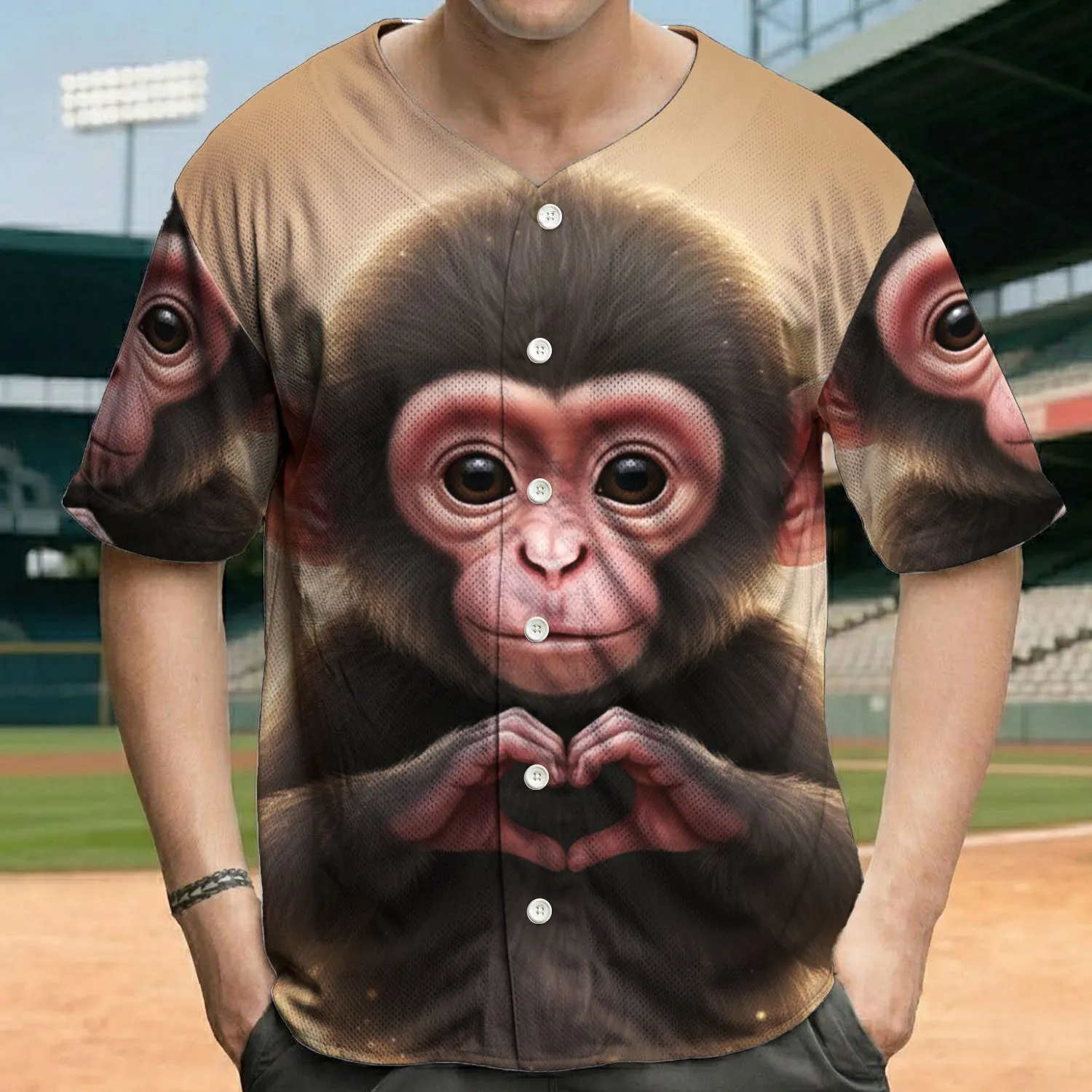 Baby Monkey Sitting Tiny Hands Heart Shape - Wildlife Lover Everyday Gift Baseball Jersey - 1