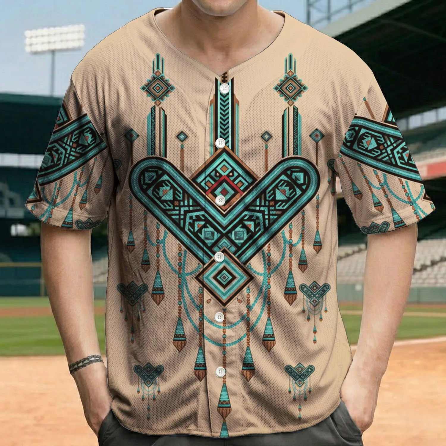 Elaborate Indigenous Geometric Beaded Tassels Headdress - Boho Everyday Style Gift for Her Baseball Jersey - 1