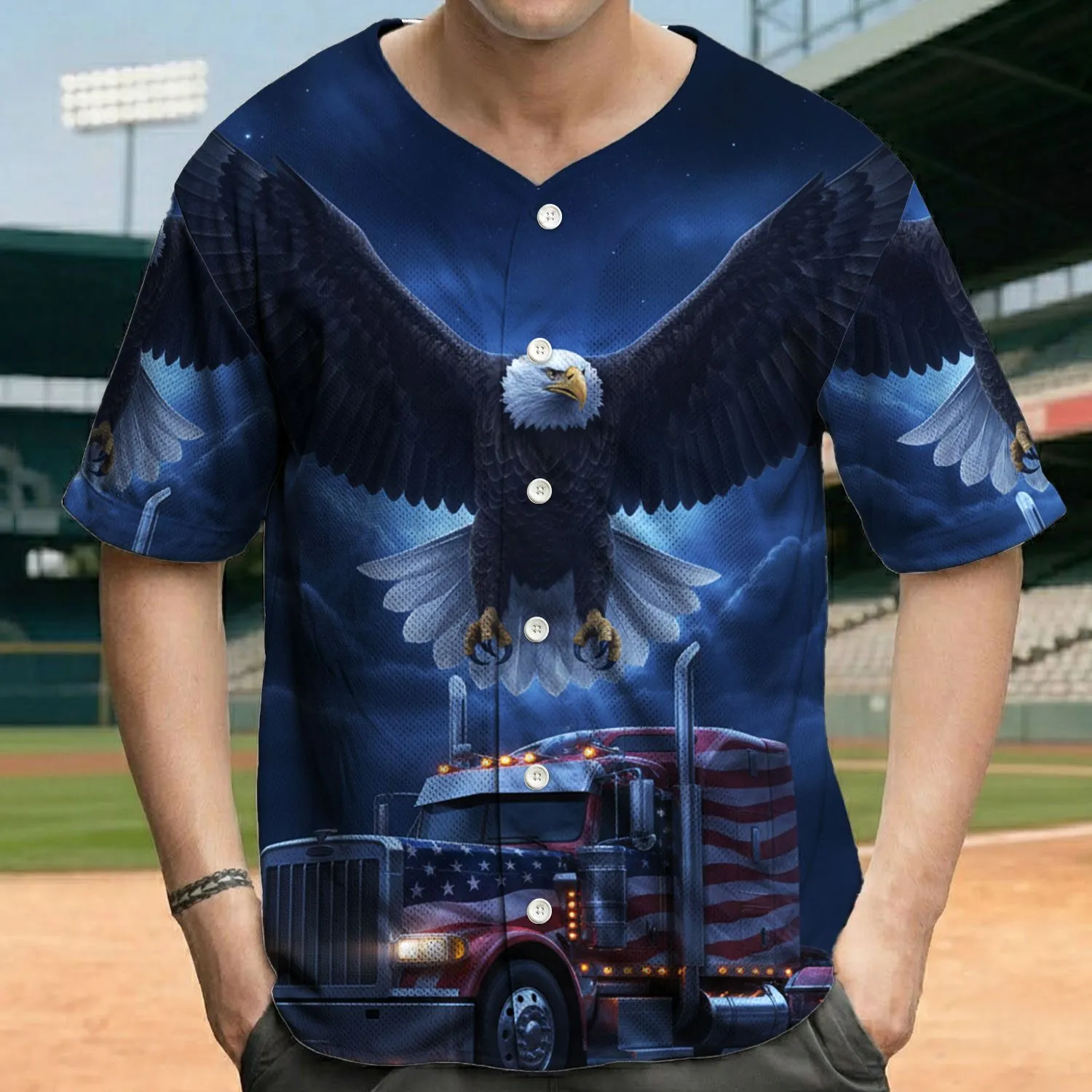 Soaring Bald Eagle American Flag Semi Truck - Independence Day Gift for Veterans Baseball Jersey - 1