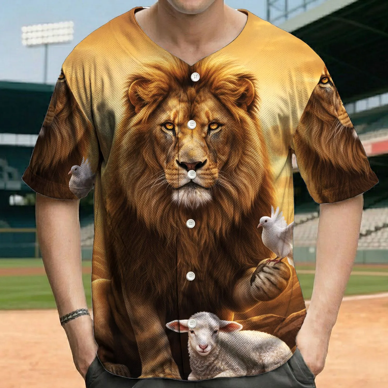 Seated Lion Lamb Dove Rugged Rock Formations Sunset - Wildlife Lover Gift Baseball Jersey - 1