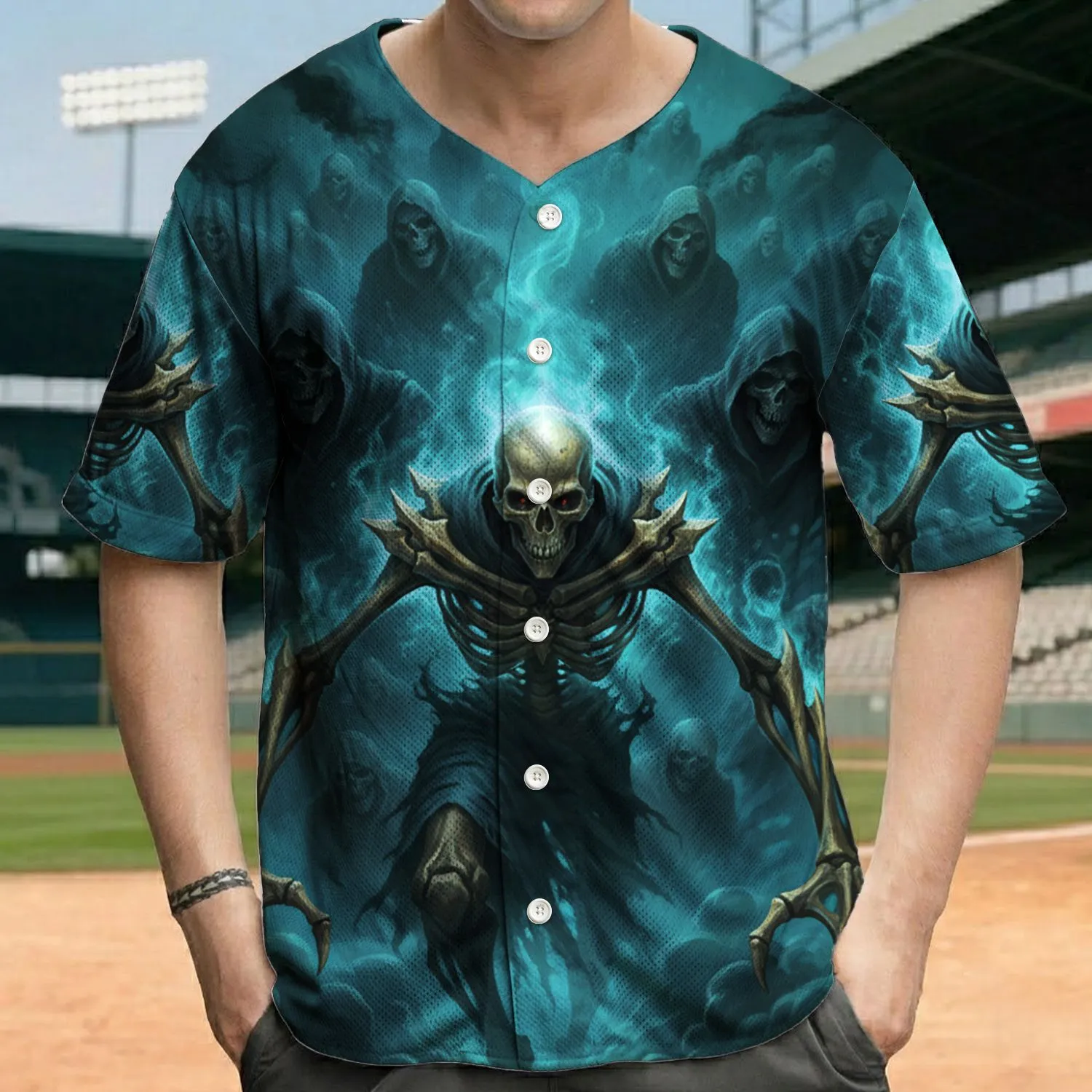 Menacing Skeletal Figures Ethereal Teal Mist - Halloween Party Gift for Dark Art Lovers Baseball Jersey - 1