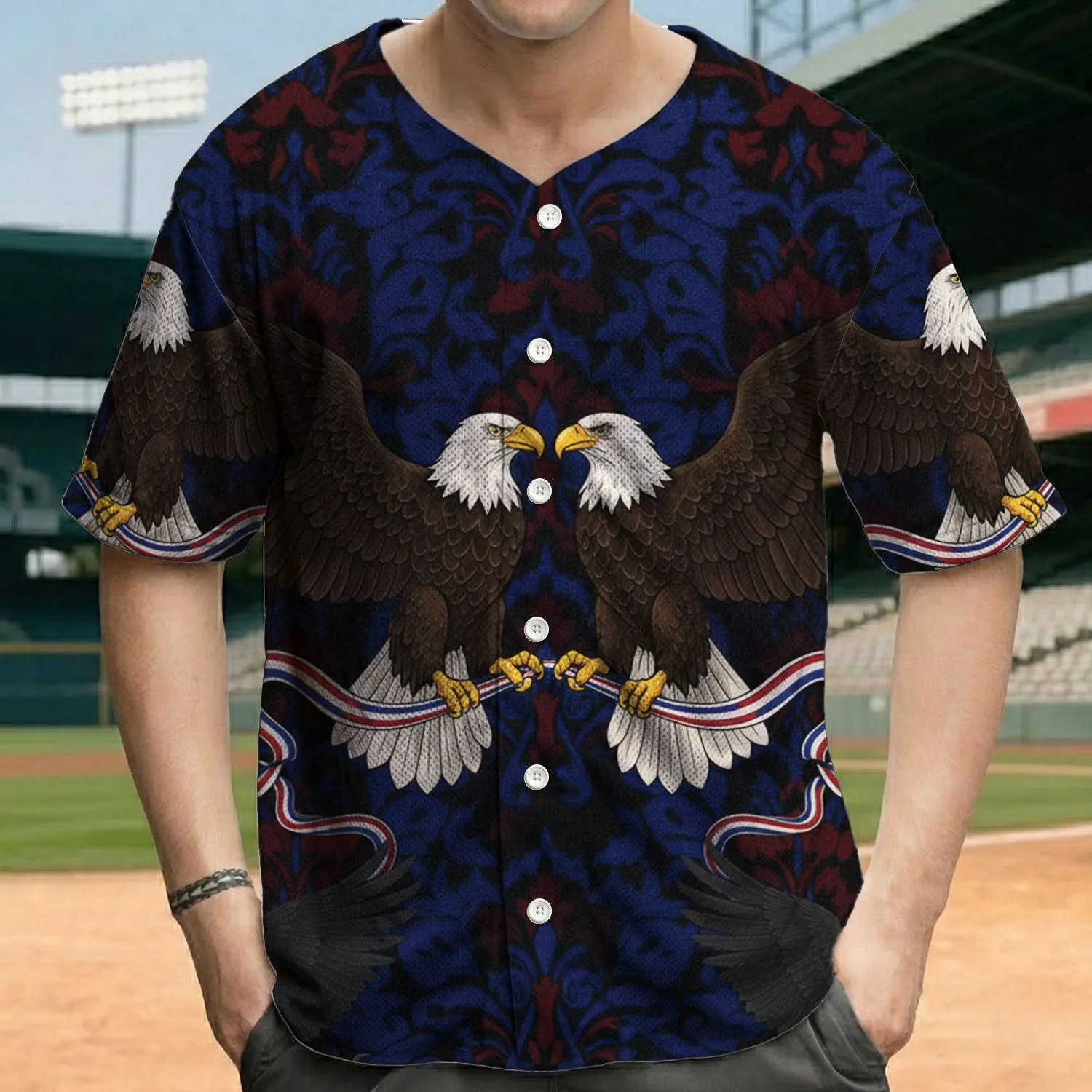 Mirrored Heraldic Bald Eagles with Banners - Independence Day Gift for Veterans Baseball Jersey - 1