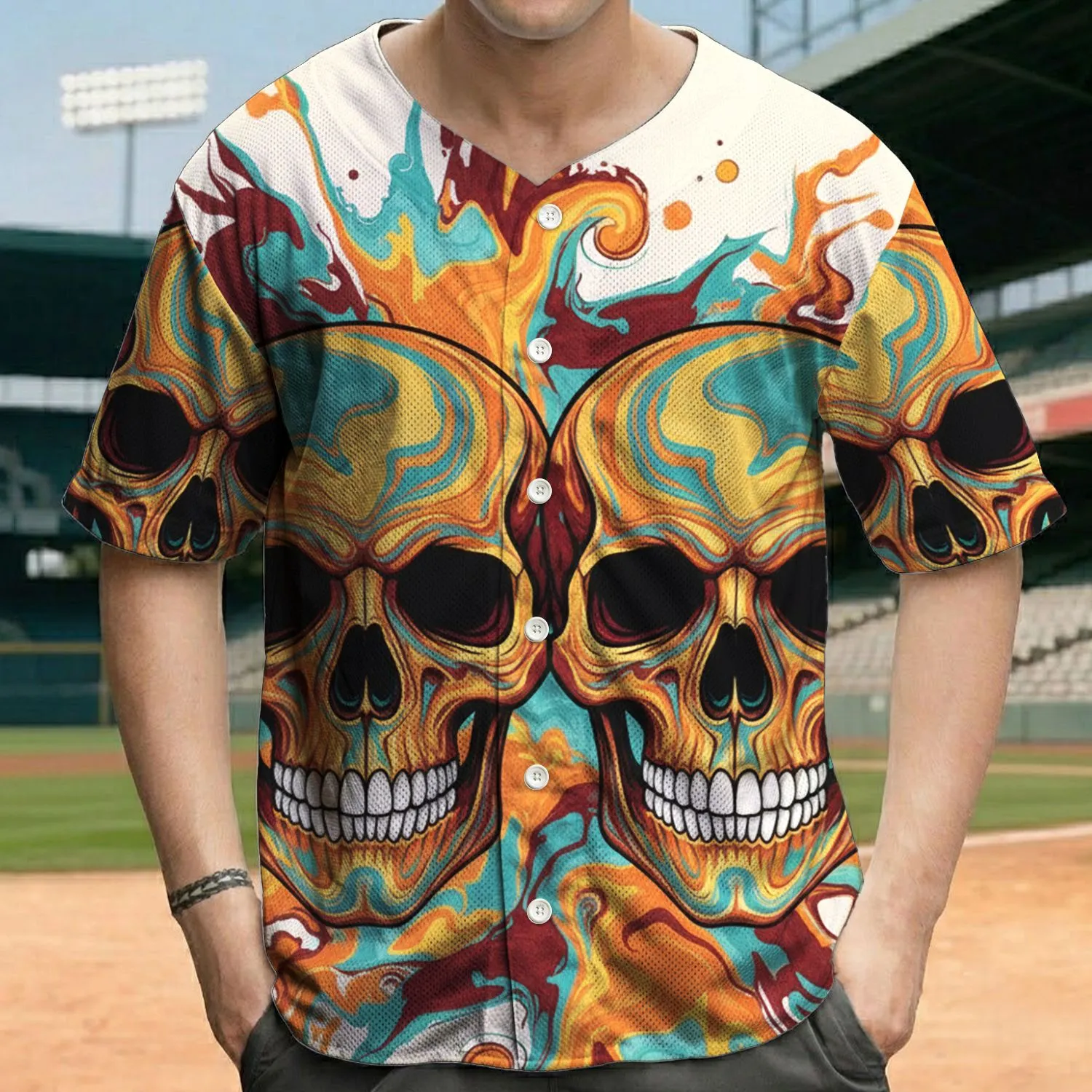 Two Skull Faces Liquid Marble Swirls with Dark Eye Sockets and White Teeth - Artistic Fashion Wear Baseball Jersey - 1