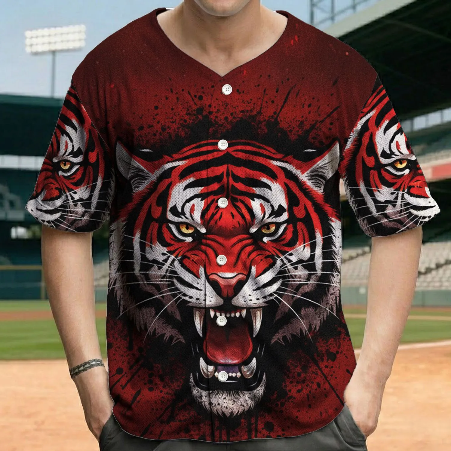 Roaring Tiger Head Ink Splatter - Wildlife Lover Gift Baseball Jersey - 1