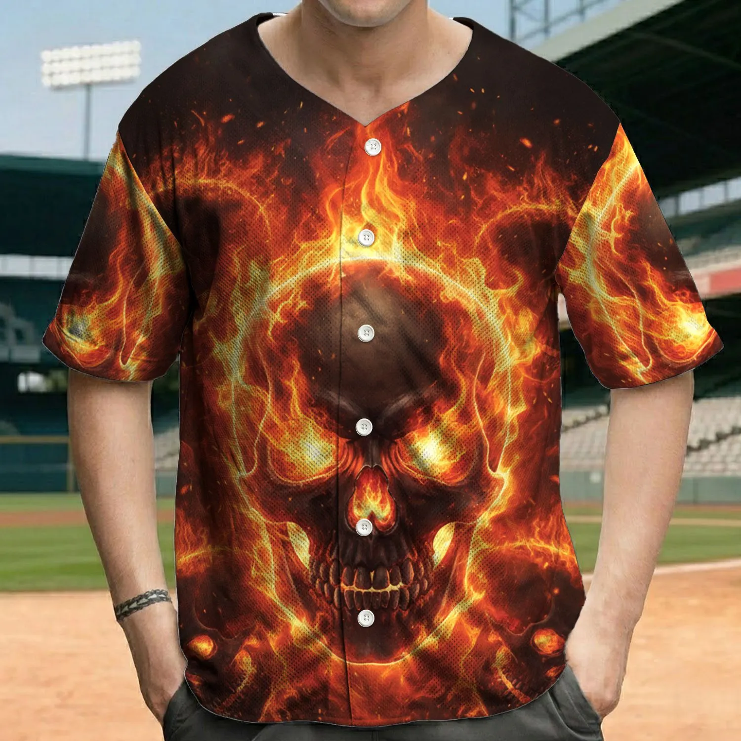 Fiery Skull Flames Glowing Embers Halloween Party for Rock Fan Baseball Jersey - 1