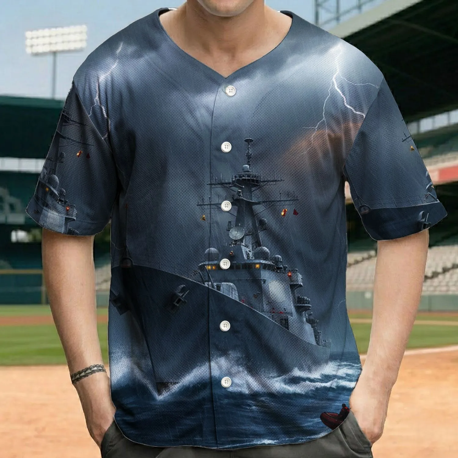 Stormy Seas Naval Destroyer Lightning Boat - Ocean Adventure Gift Baseball Jersey - 1
