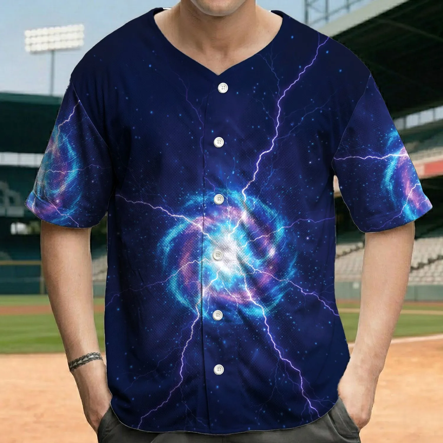 Electric Blue Purple Lightning Burst with Swirling Energy - Energy Fan Gift Baseball Jersey - 1