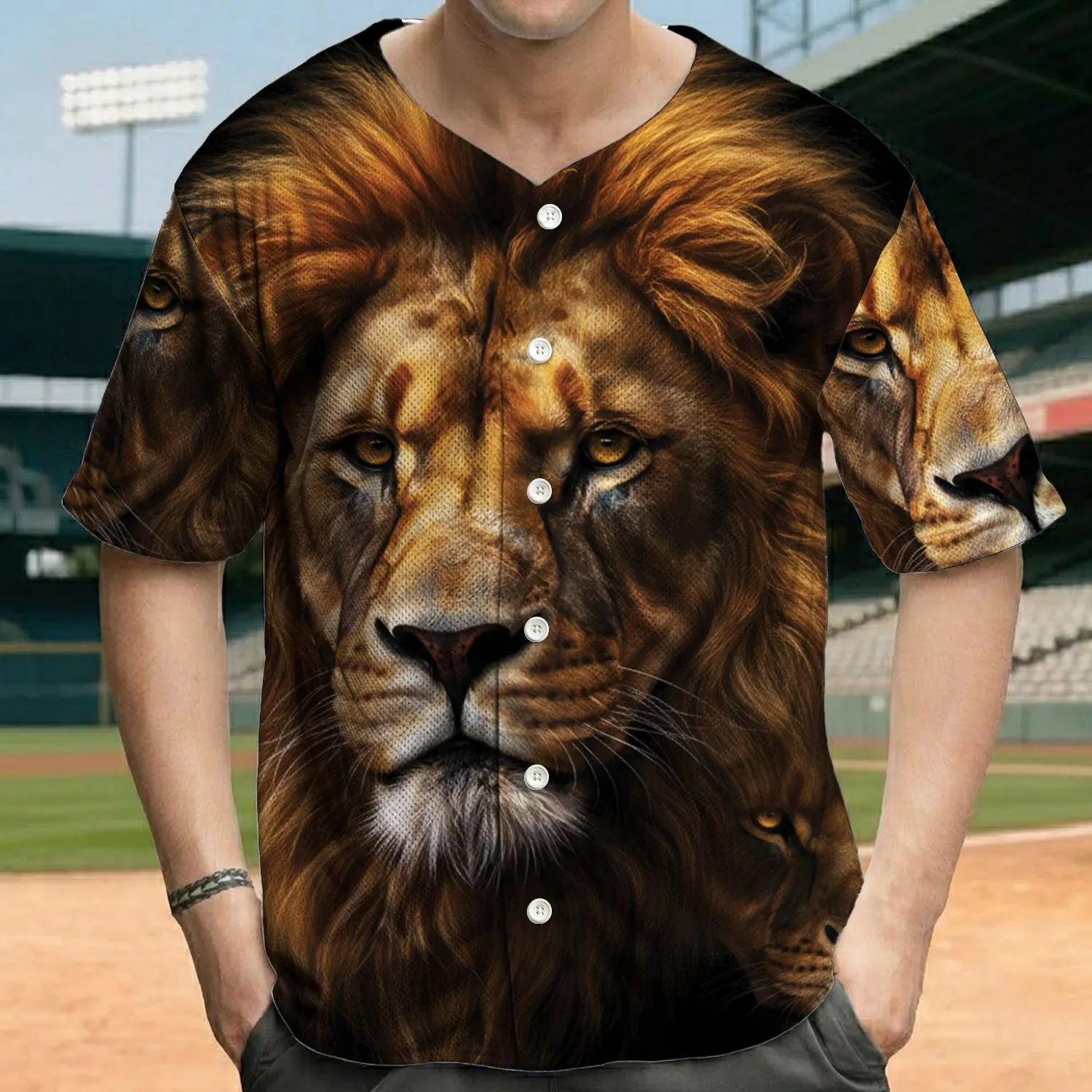 Golden-Orange Mane Lion Lioness Heads Yellow Eyes Black Void - Wildlife Lover Gift Baseball Jersey - 1