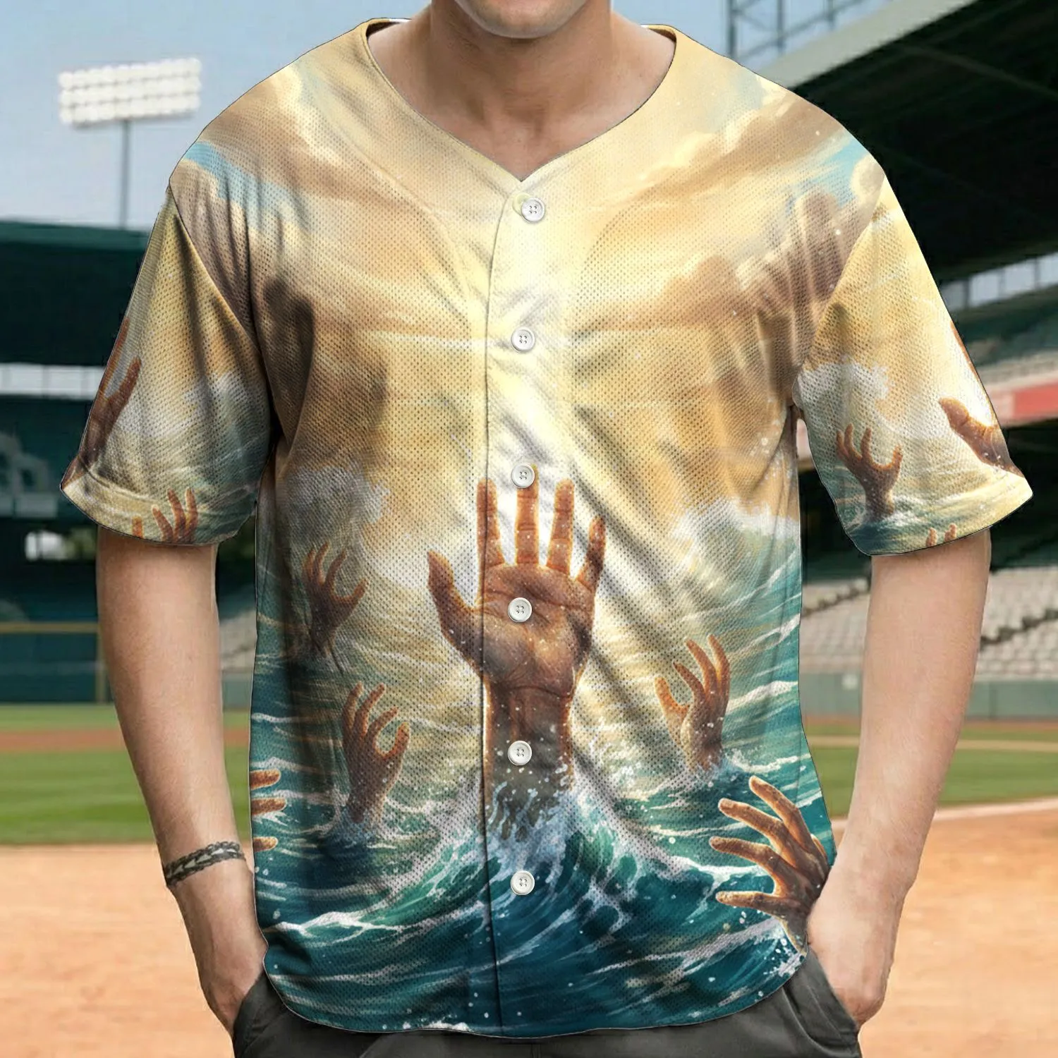 Reaching Hands Turbulent Ocean Luminous Light Splashing Foamy Waves - Everyday Wear Gift Baseball Jersey - 1