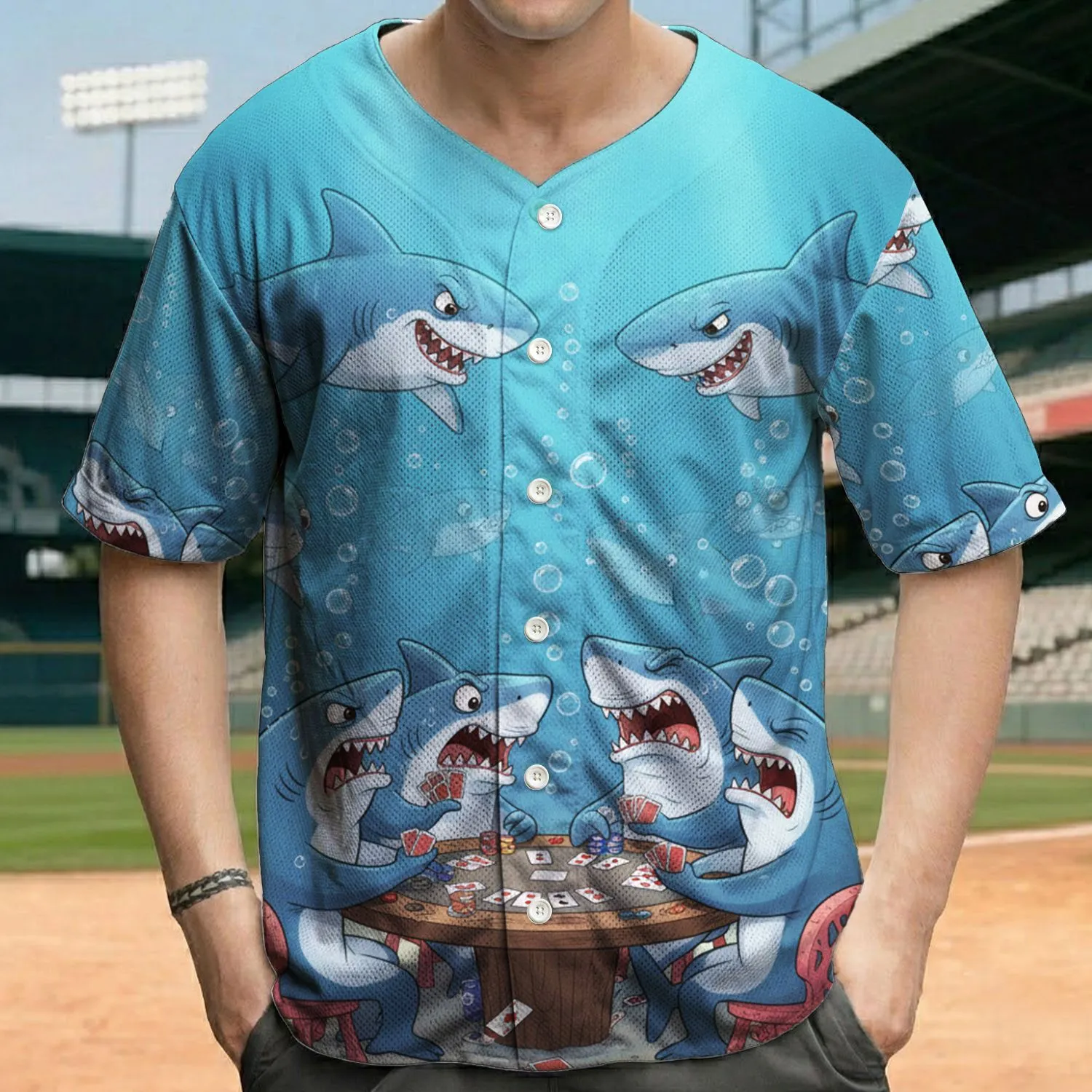 Cartoon Sharks Playing Cards Underwater - Poker Player Game Night Gift Baseball Jersey - 1