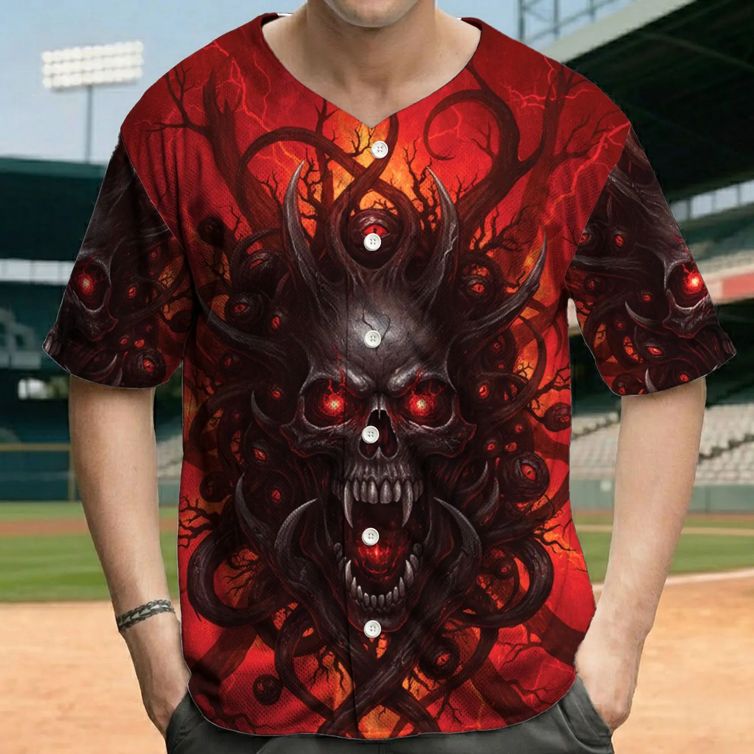 Screaming Skull Tendrils Dead Trees - Gothic Dark Fantasy Halloween Horror Gift Baseball Jersey - 1
