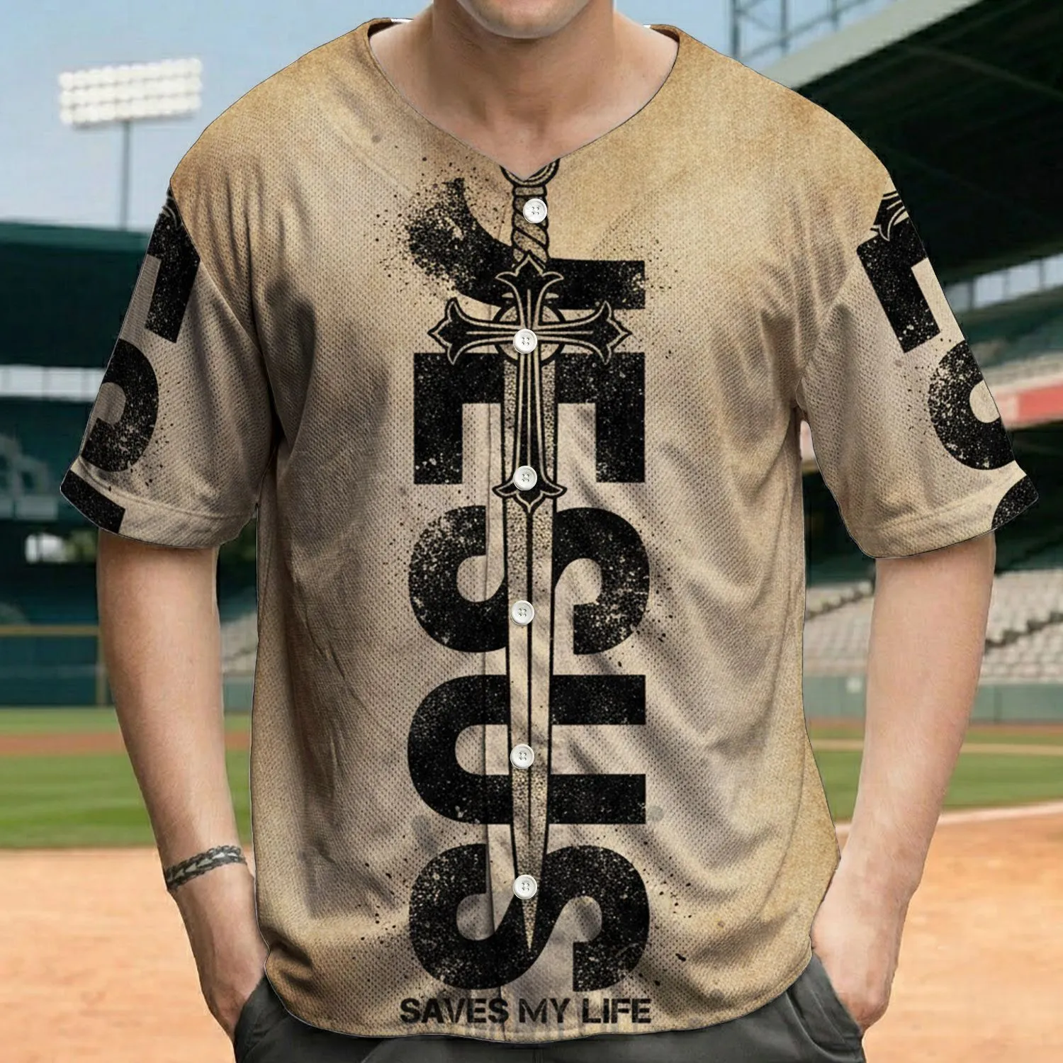 Distressed JESUS Saves My Life Text Medieval Sword Cross Grungy Emblem - Everyday Spiritual Faith Wear Baseball Jersey - 1