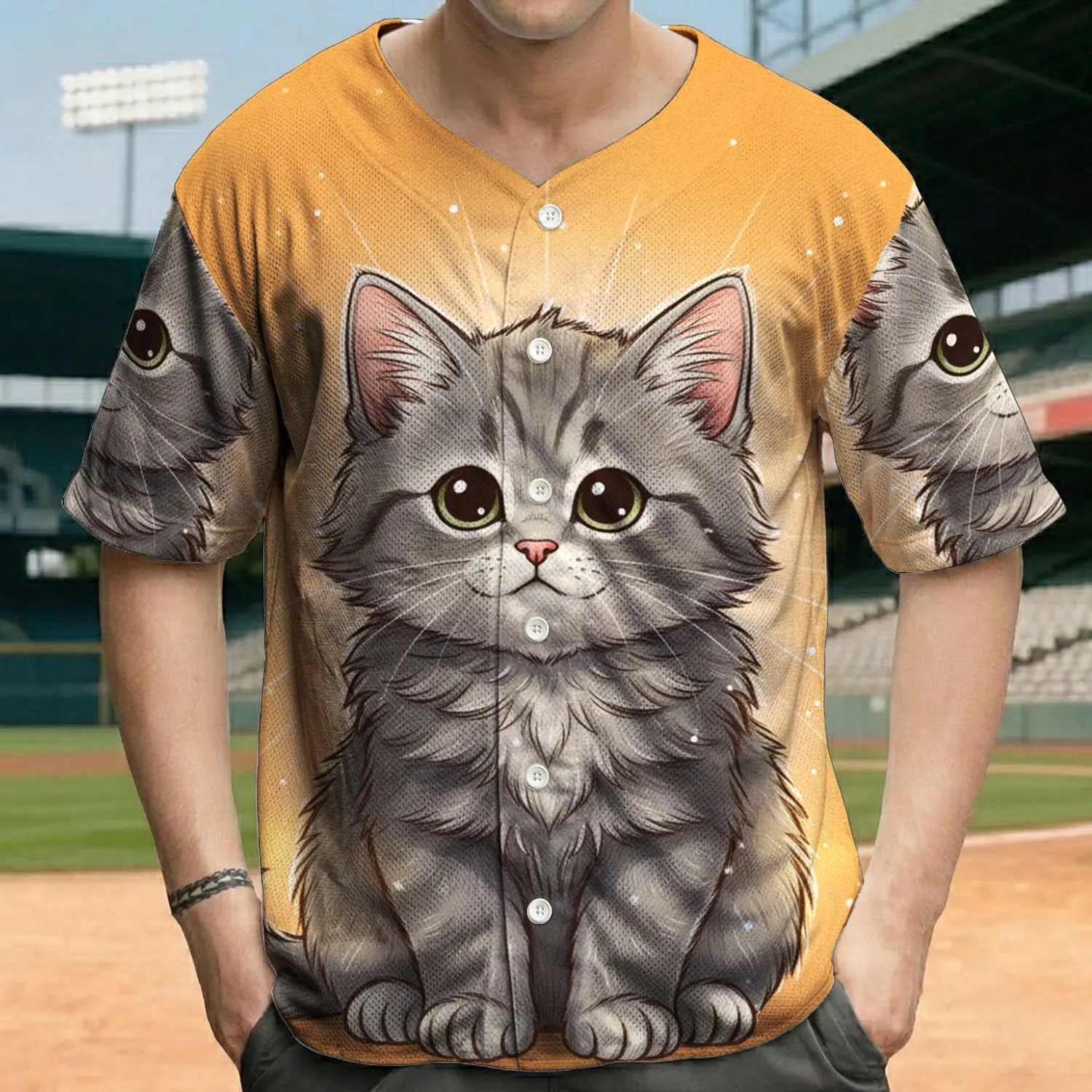 Large Fluffy Grey Kitten Pink Ears Nose Paws Sitting Upright - Everyday Wear Cat Lover Gift Baseball Jersey - 1